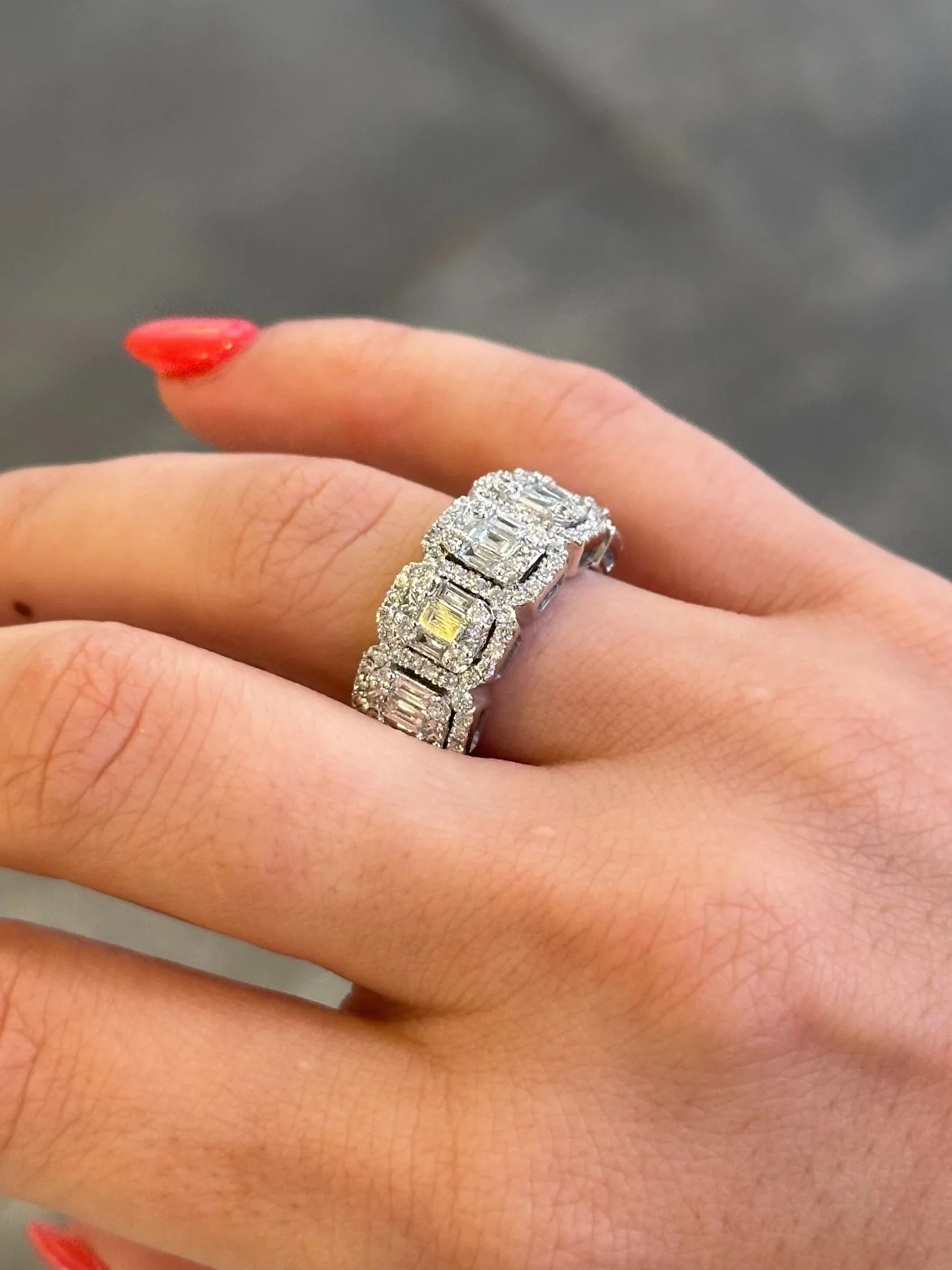 Ladies Five Emerald Shaped Cluster Ring with Halo