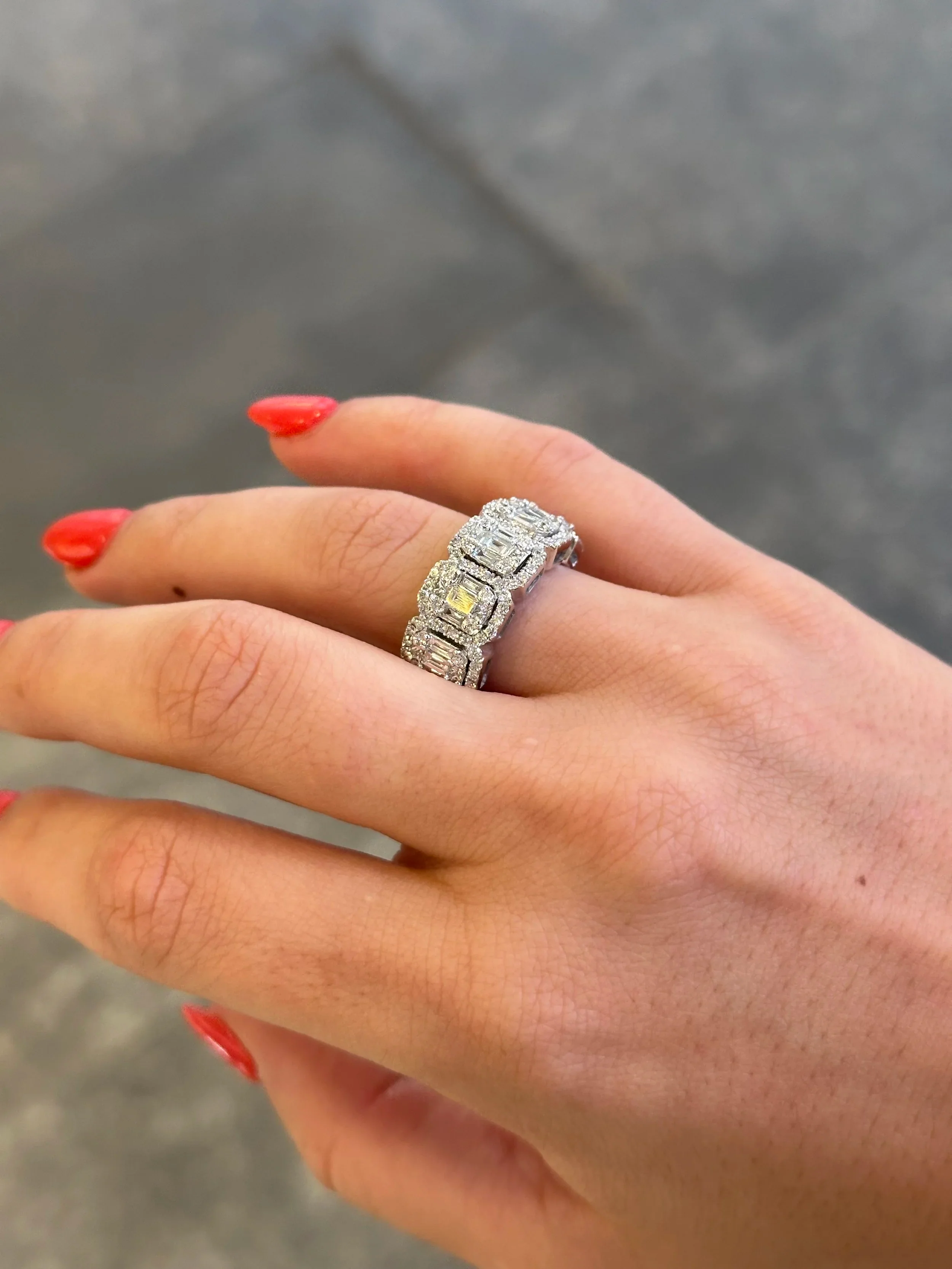 Ladies Five Emerald Shaped Cluster Ring with Halo - Image 2