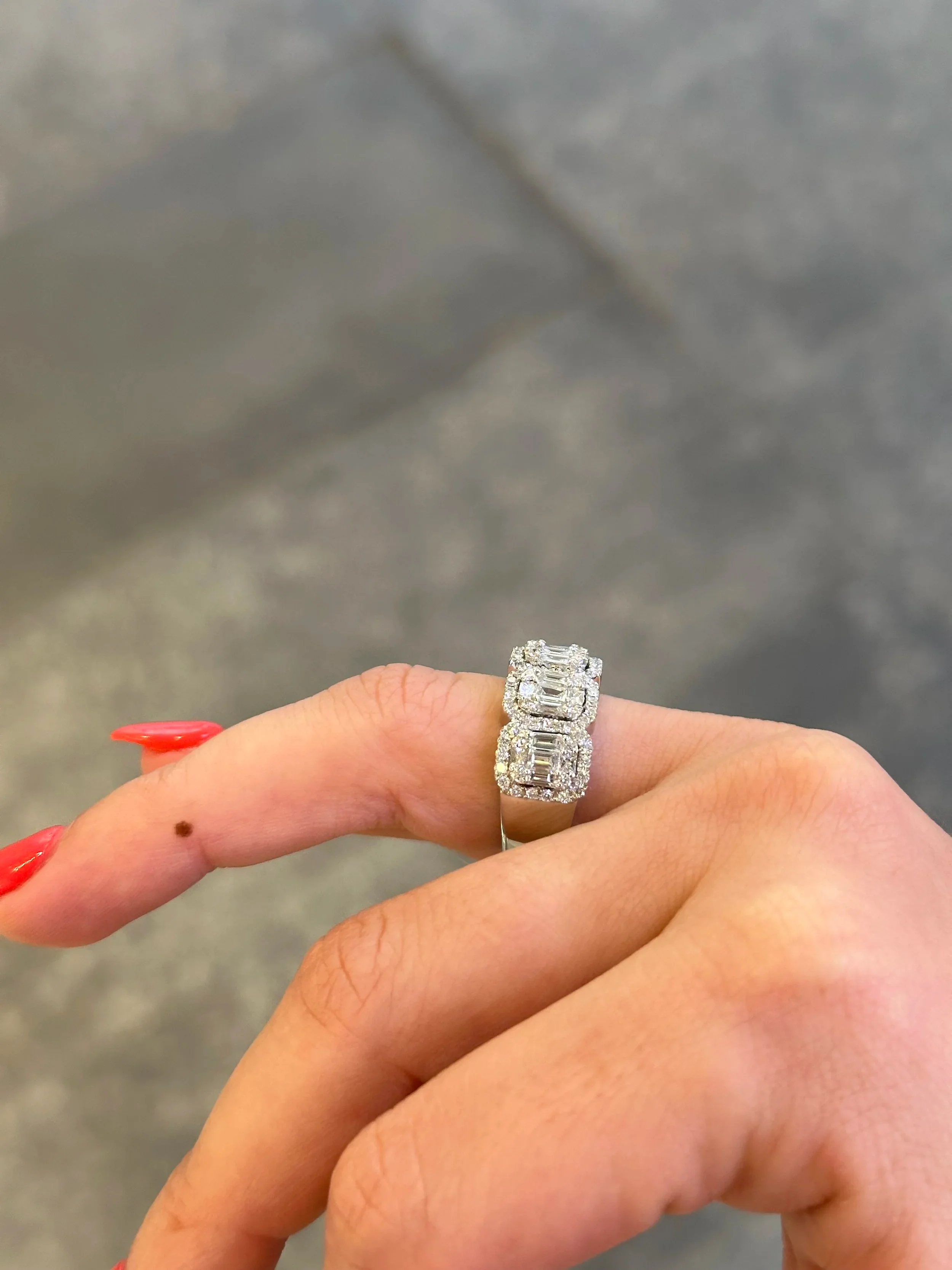 Ladies Five Emerald Shaped Cluster Ring with Halo - Image 3