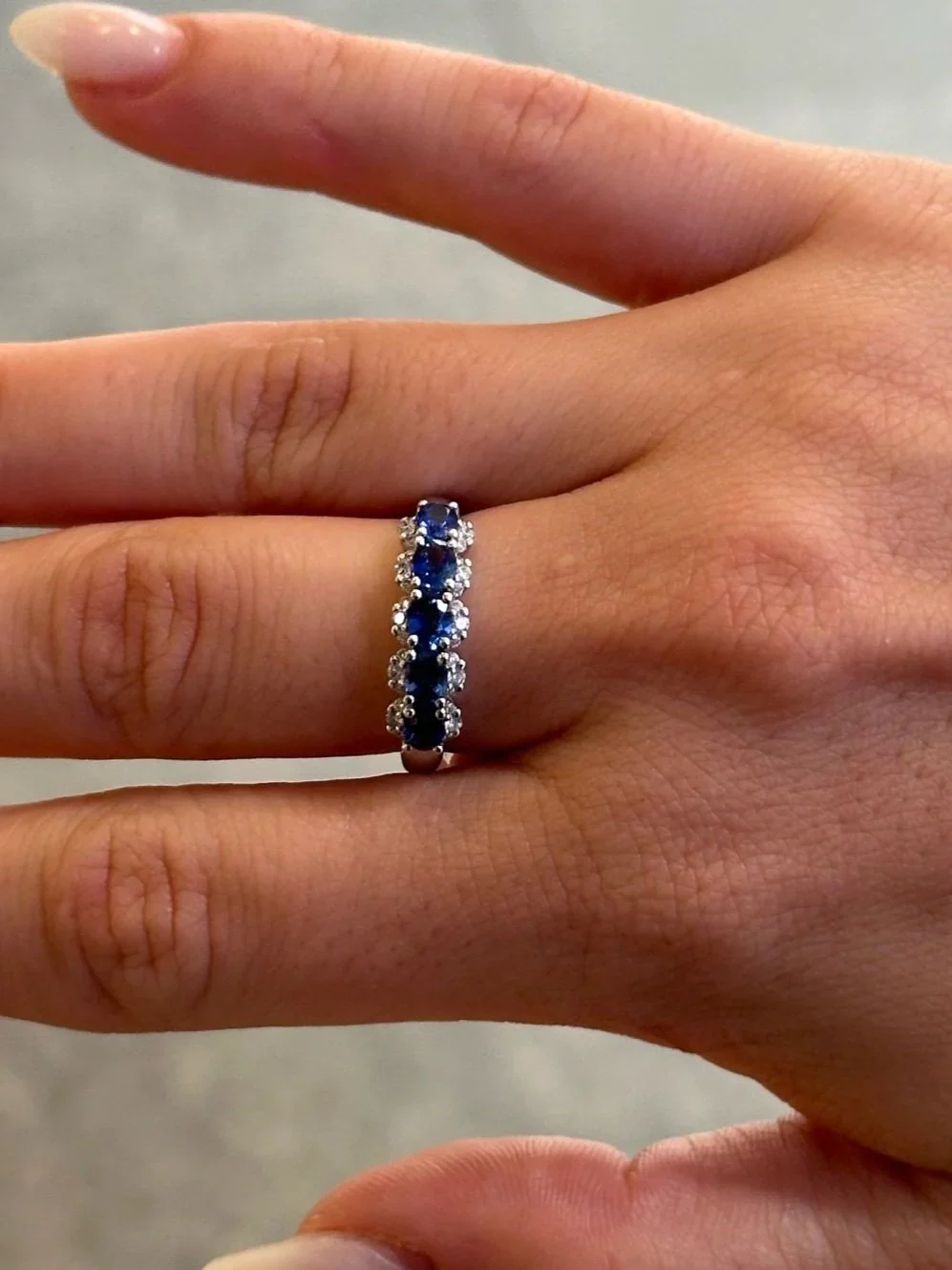 Ladies Five Sapphire Stone and Round Diamond Ring