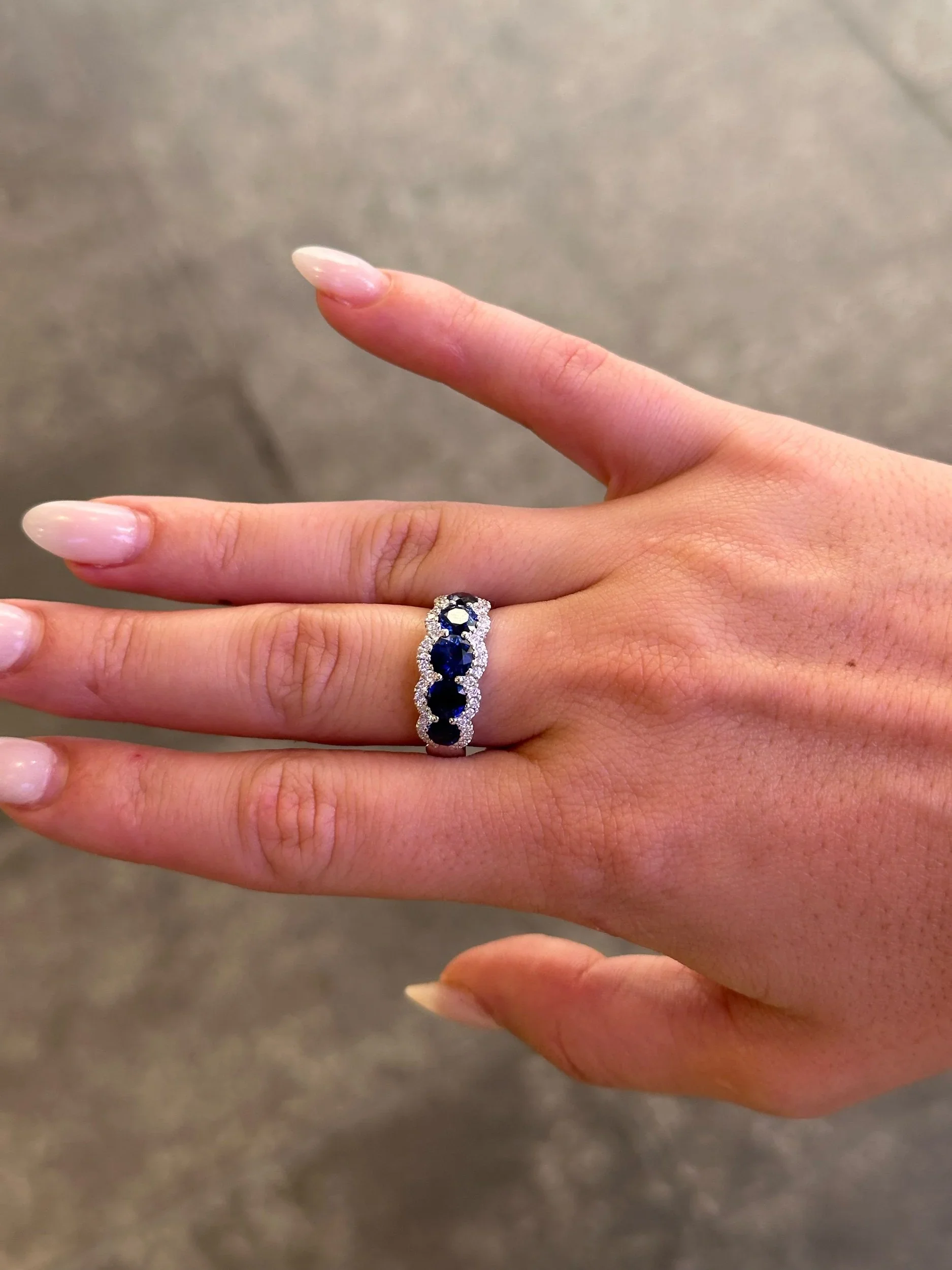 Ladies Five Stone Sapphire with Round Diamond Semi Halo Ring - Image 2
