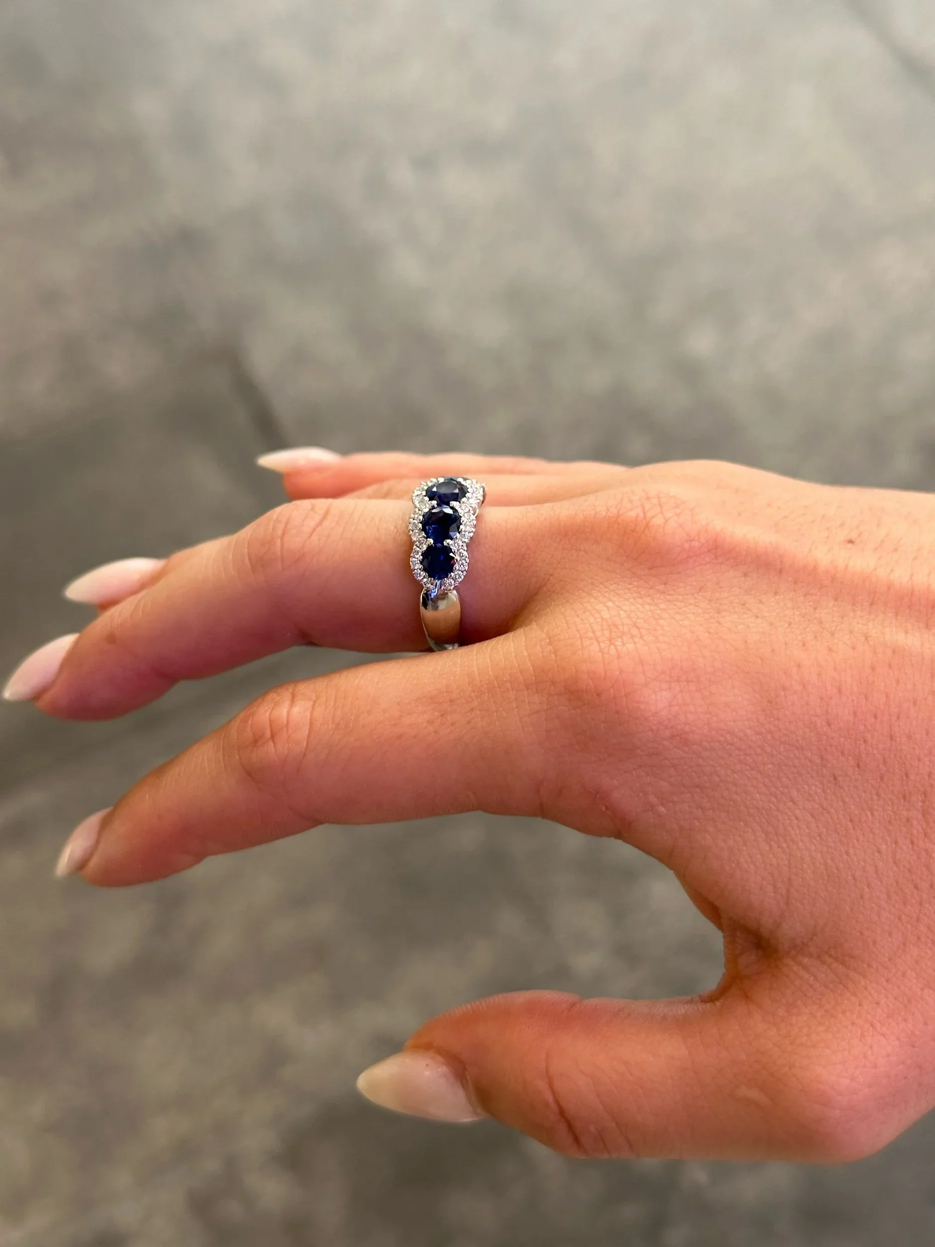 Ladies Five Stone Sapphire with Round Diamond Semi Halo Ring - Image 3