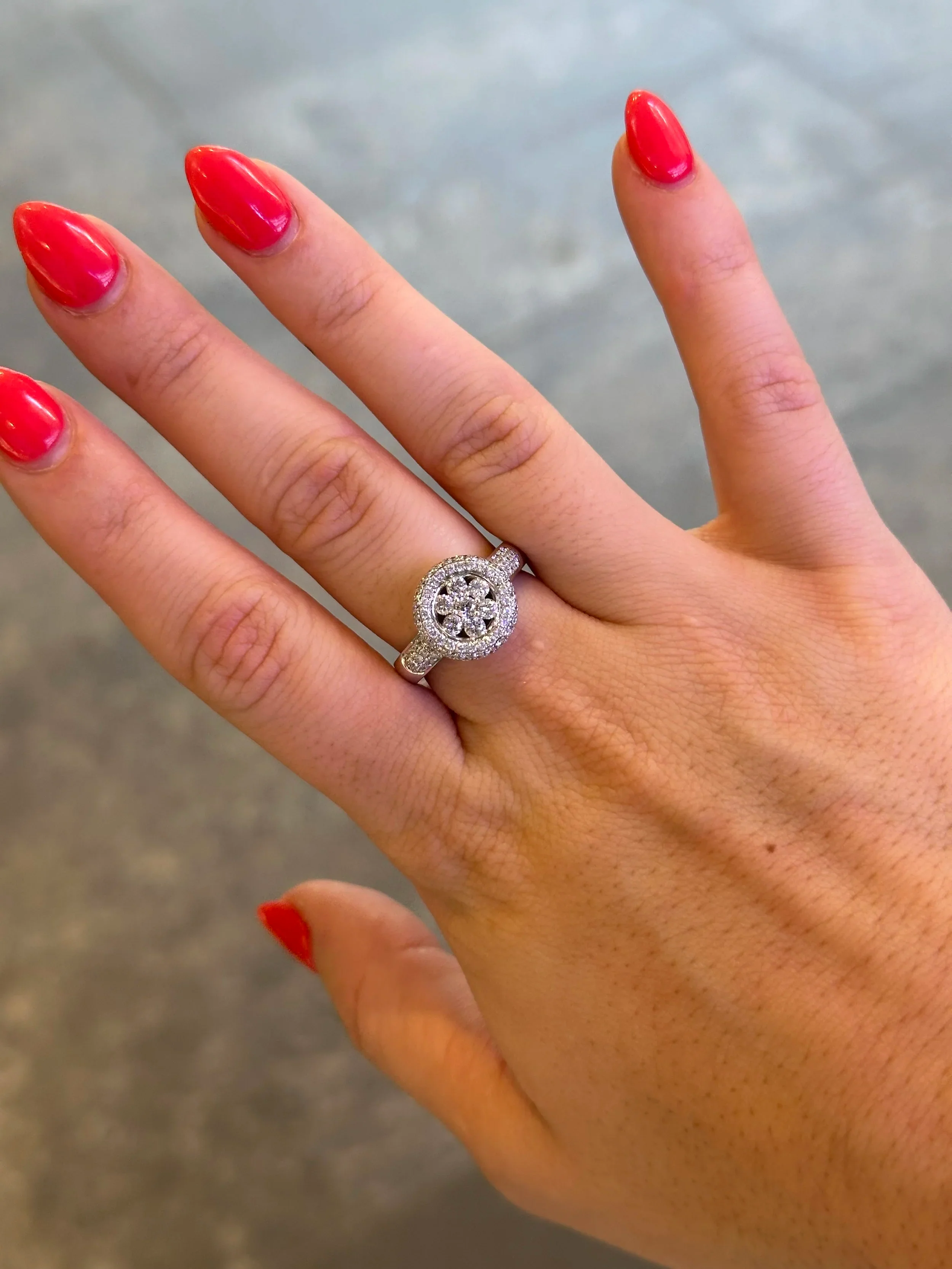 Ladies Flower like Design with Pave Set Halo Ring - Image 2