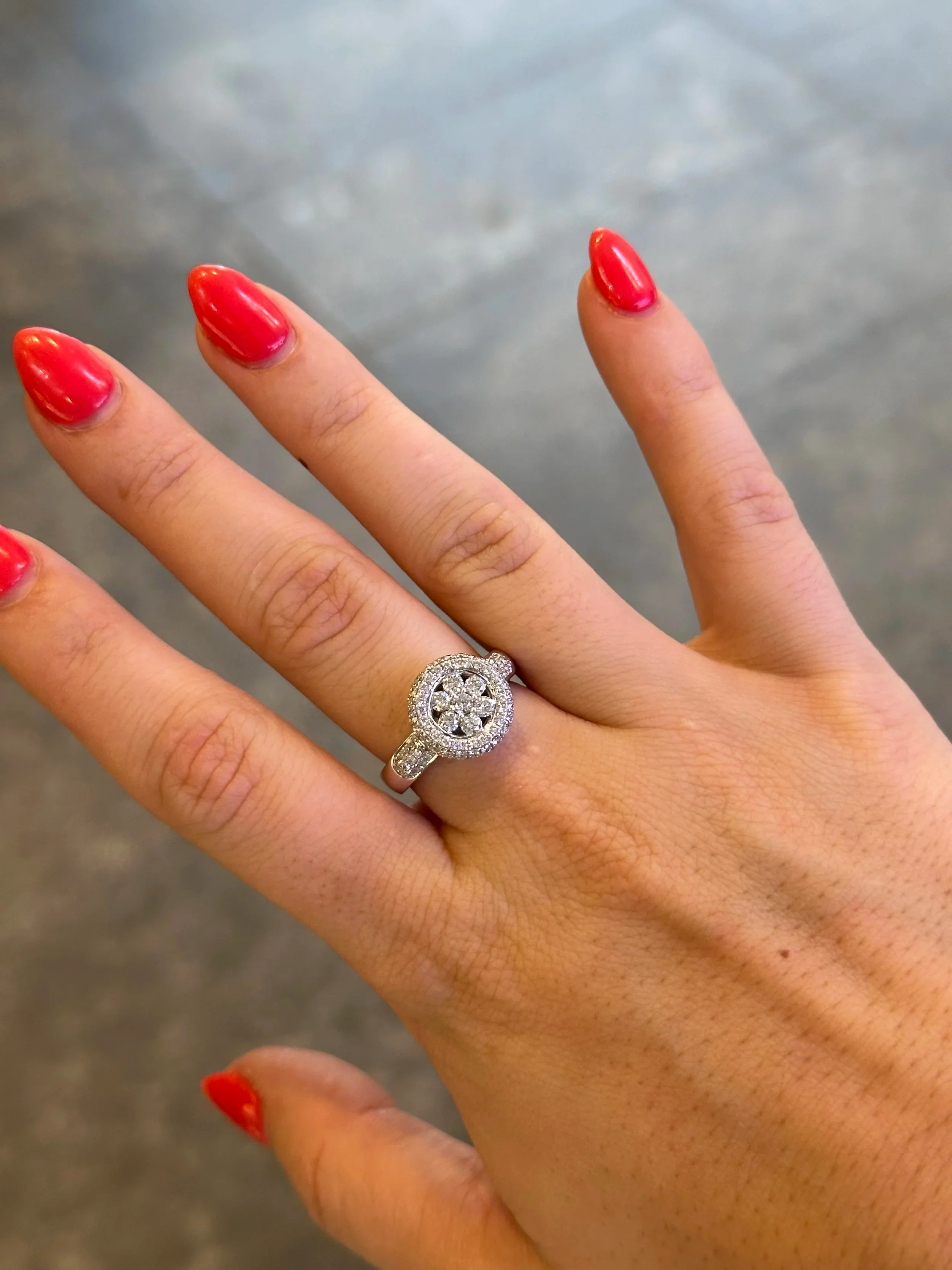 Ladies Flower like Design with Pave Set Halo Ring - Image 3