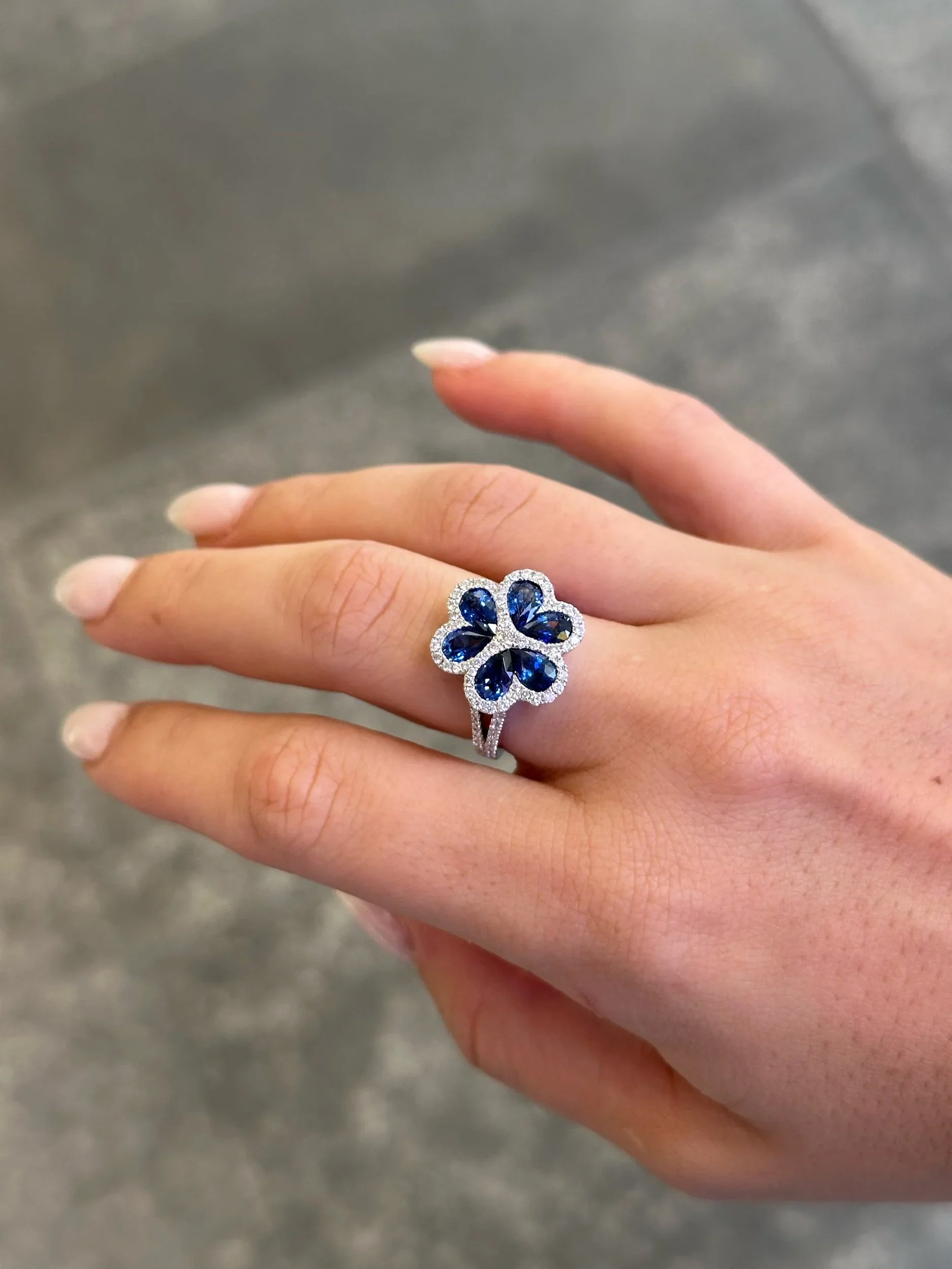 Ladies Flower Shaped Sapphire and Round Diamond Ring - Image 2
