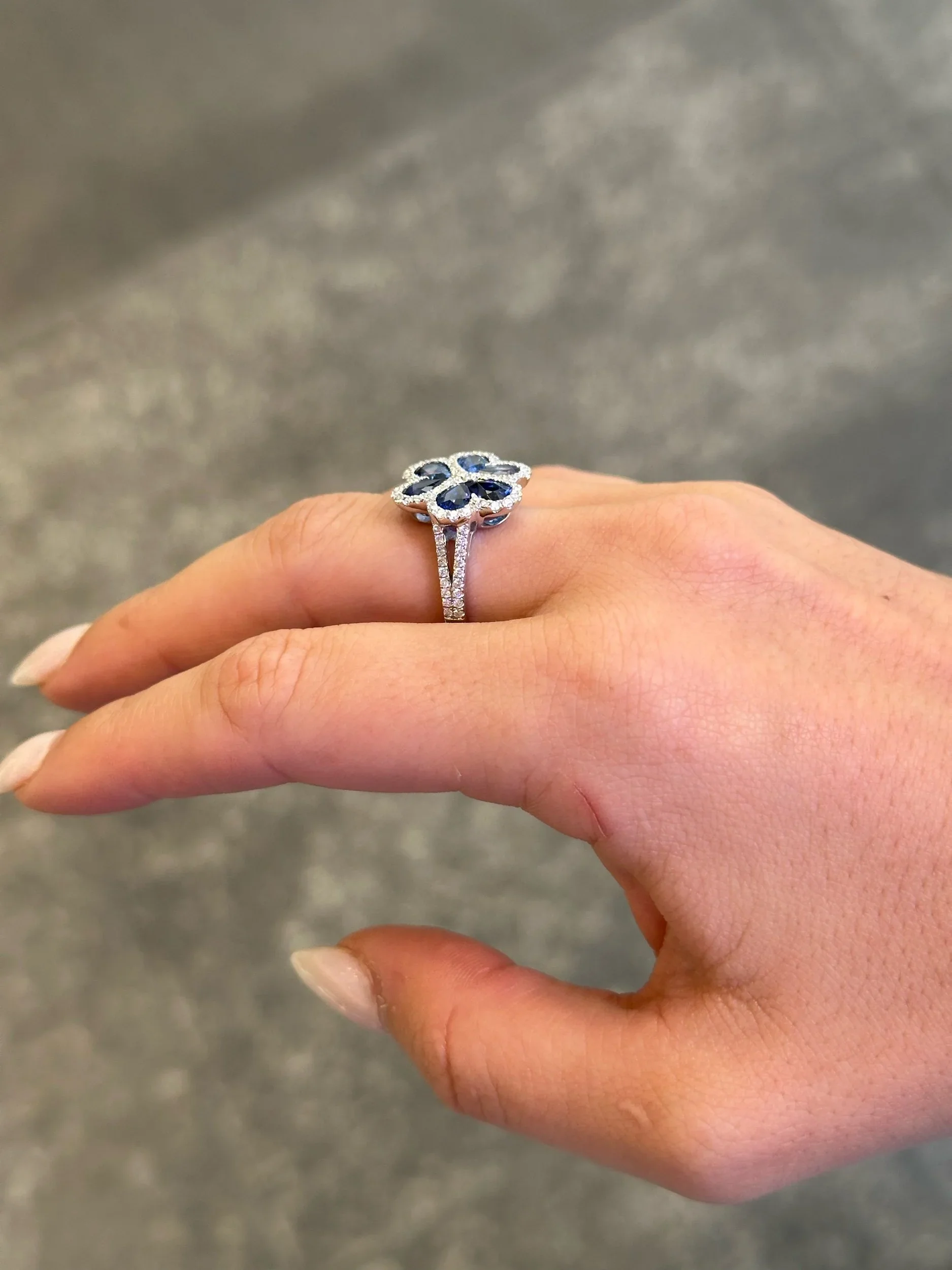 Ladies Flower Shaped Sapphire and Round Diamond Ring - Image 3