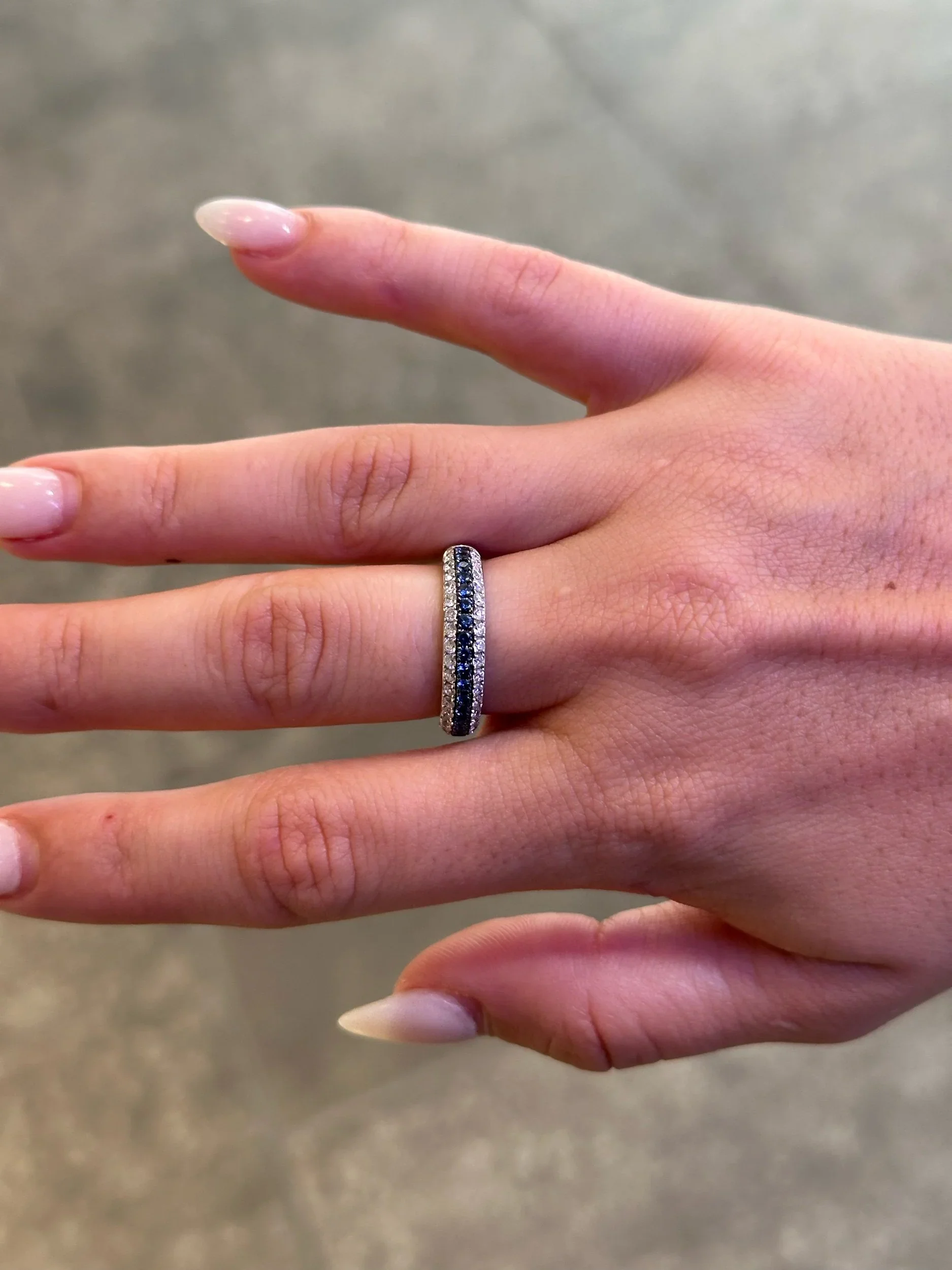 Ladies Halfway Pave Set Sapphire Stone and Round Diamond Band - Image 2