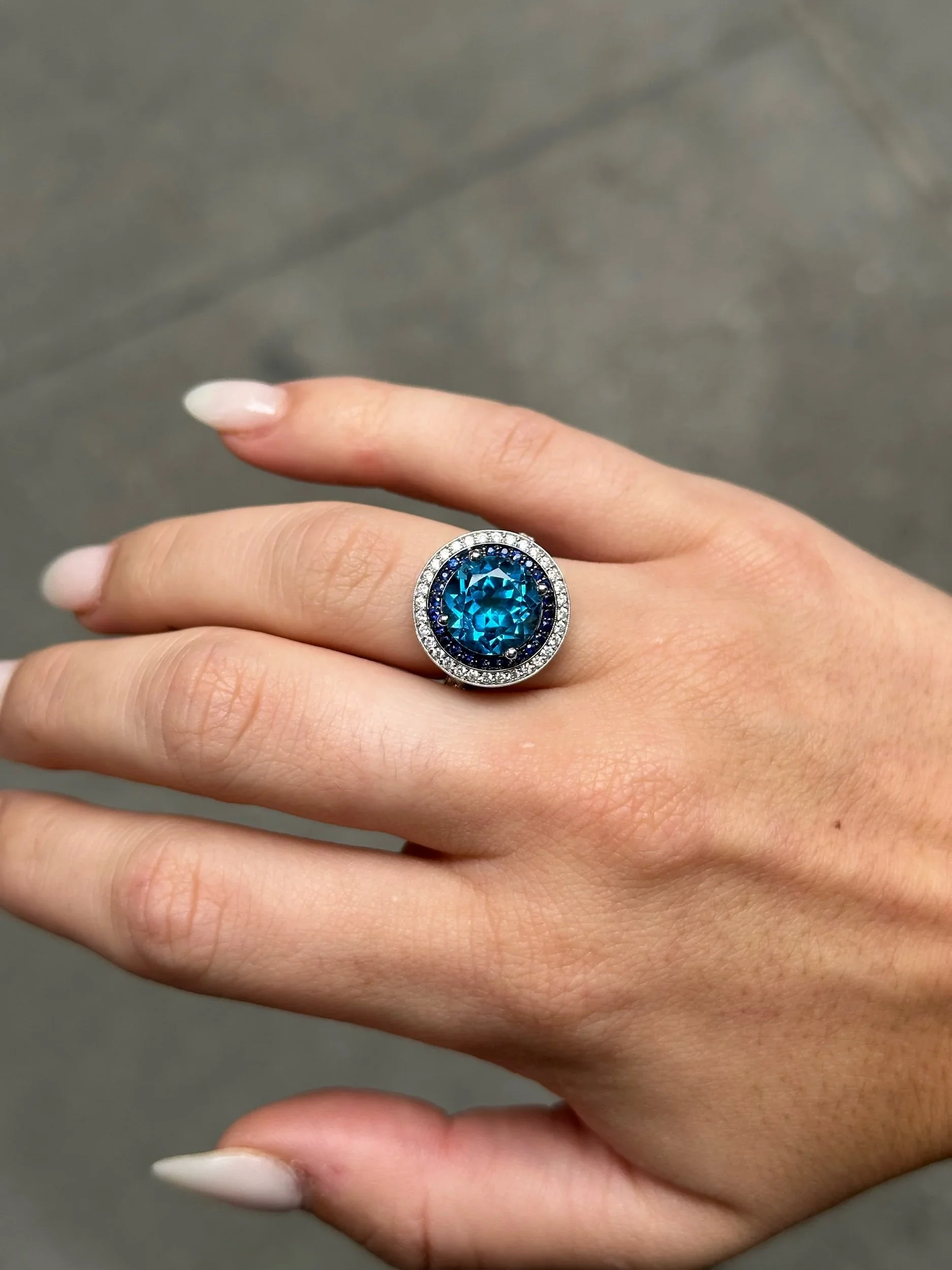 Ladies Halo Round Diamond and Sapphire Ring with Blue London Topaz - Image 2