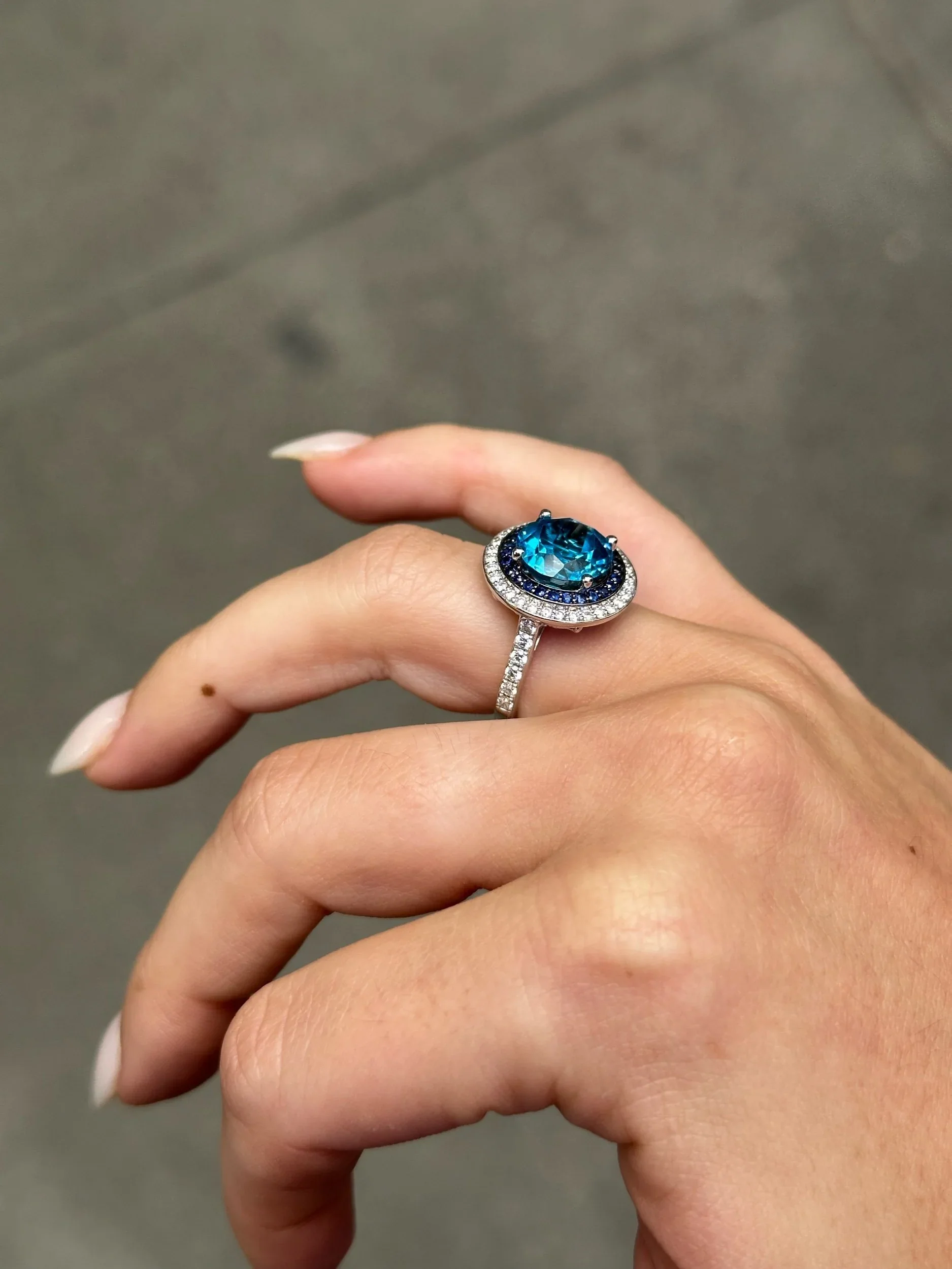 Ladies Halo Round Diamond and Sapphire Ring with Blue London Topaz - Image 3