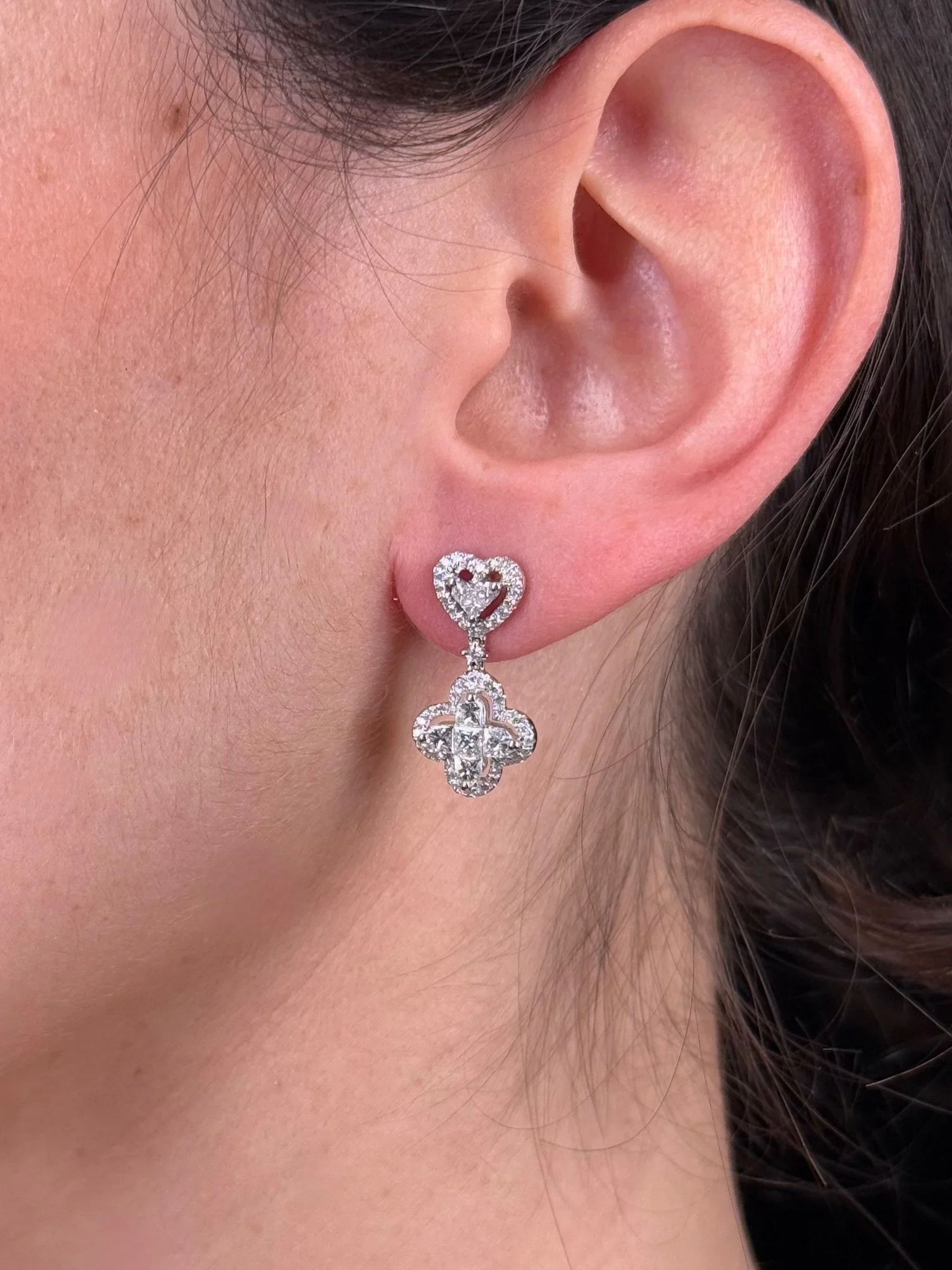 Ladies Heart Cluster and Clover Dangle Earrings