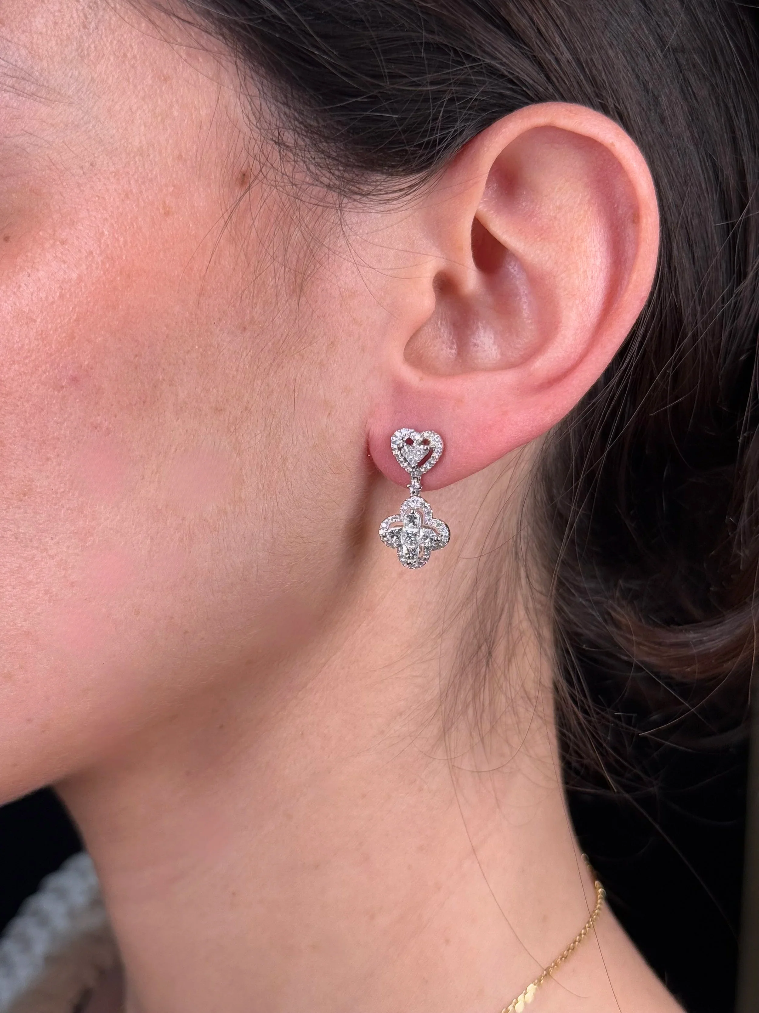 Ladies Heart Cluster and Clover Dangle Earrings - Image 2