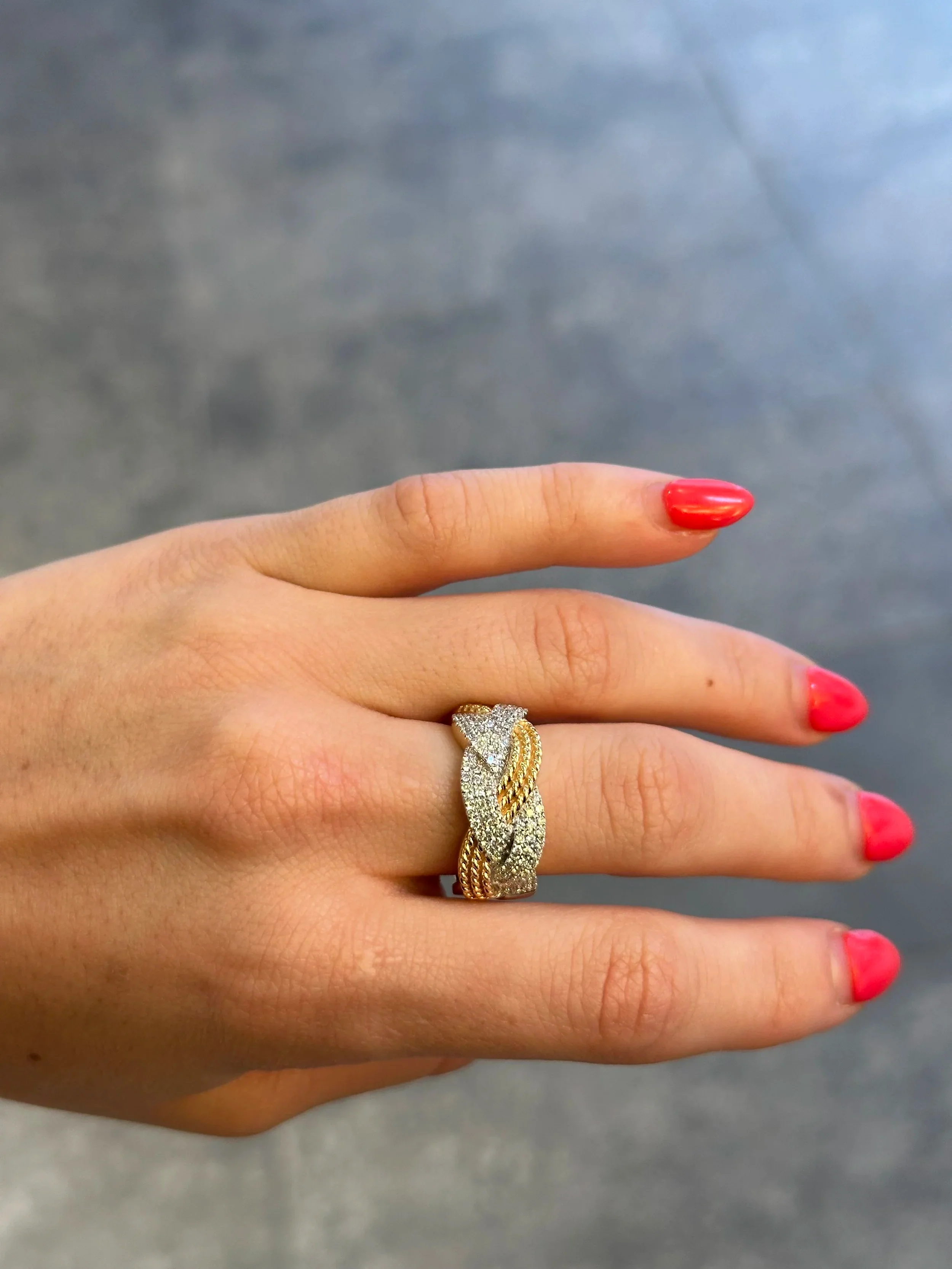 Ladies Intertwined Gold Ball and Round Diamond Ring - Image 2