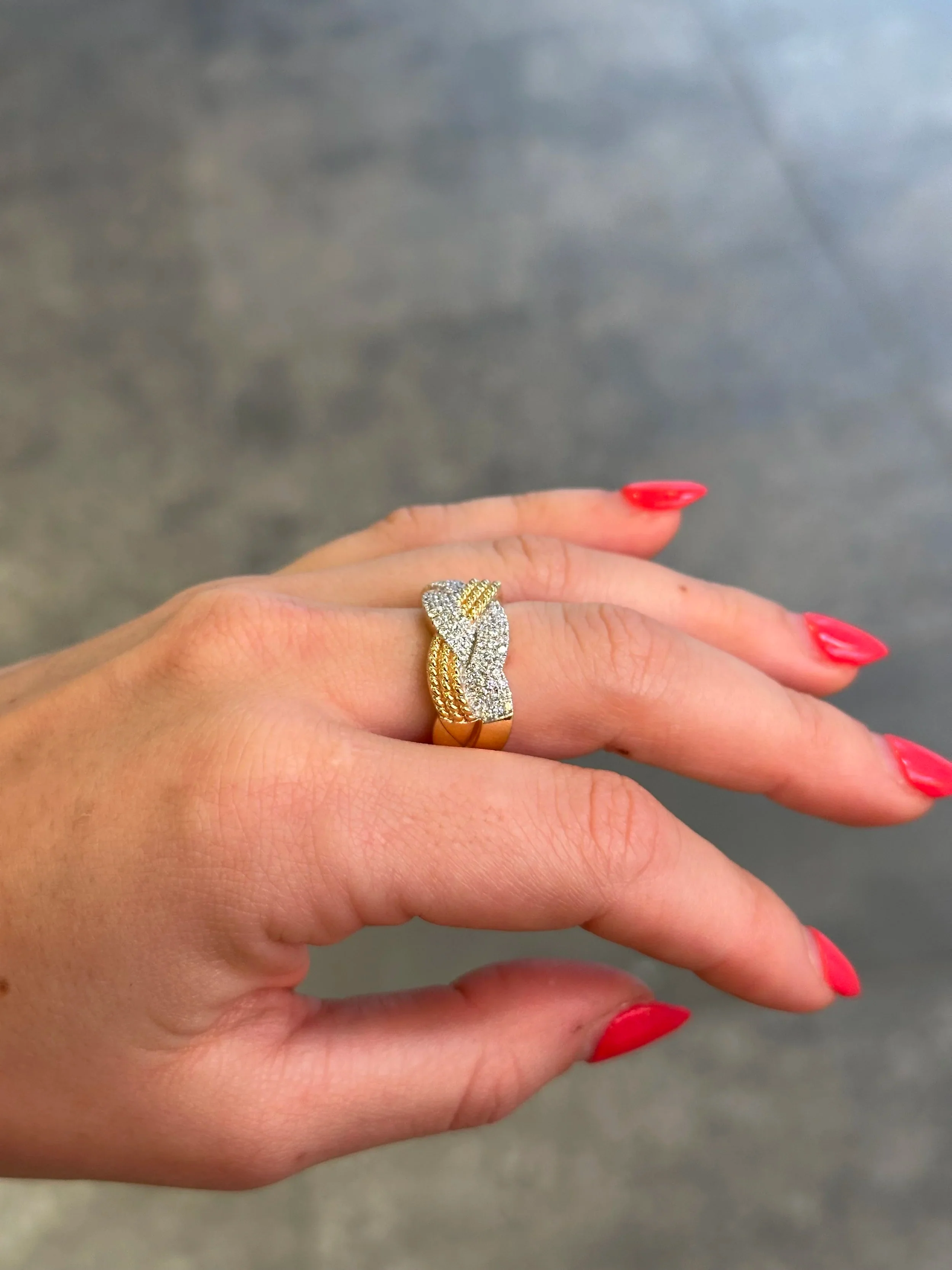 Ladies Intertwined Gold Ball and Round Diamond Ring - Image 3