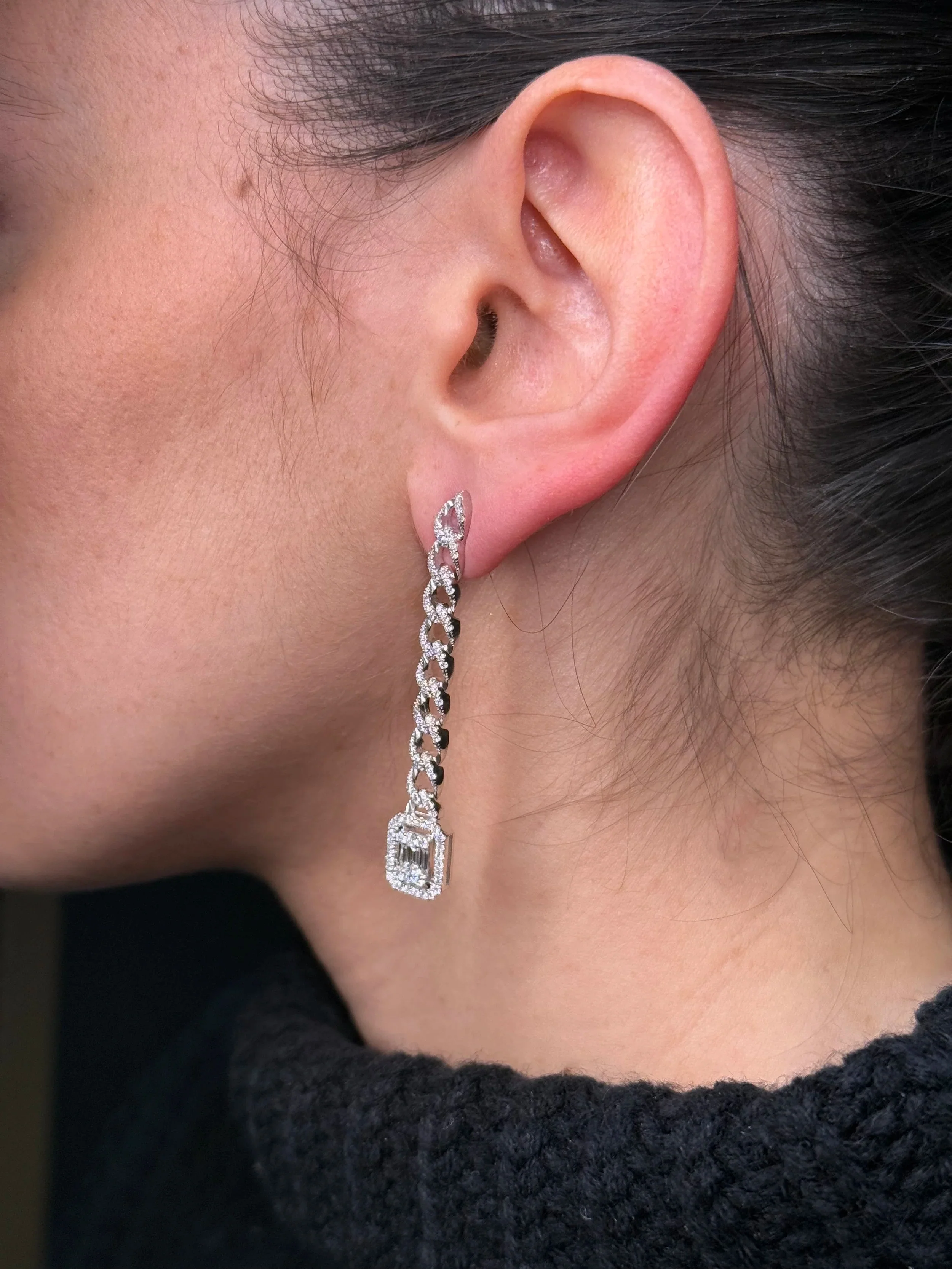 Ladies Link and Emerald Shaped Cluster Dangling Earrings - Image 3