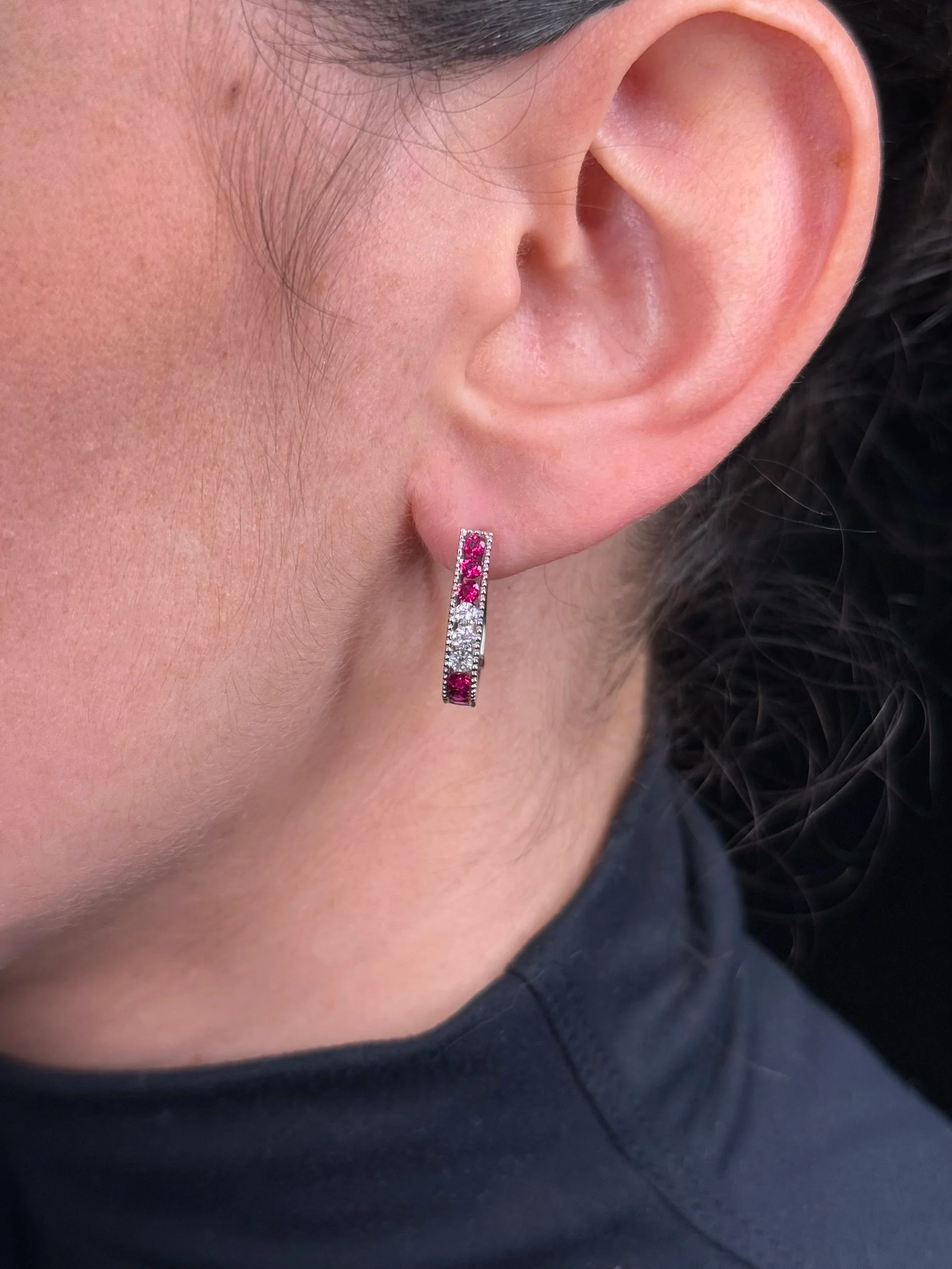 Ladies Milgrain Ruby and Diamond Earrings - Image 2