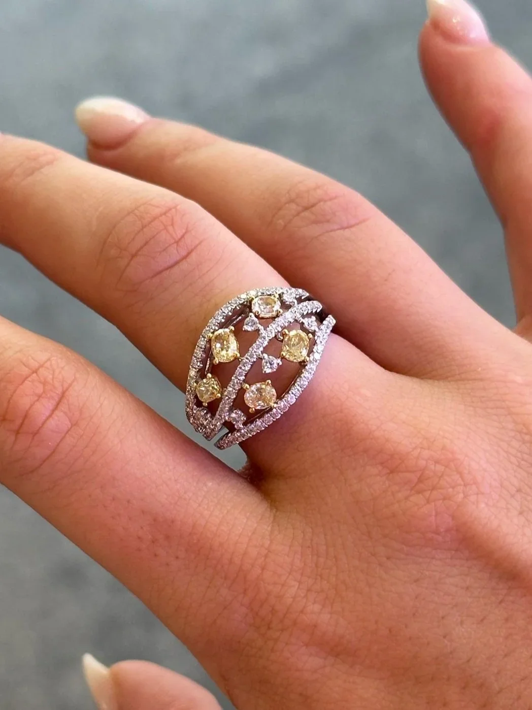 Ladies Open Yellow Oval Diamond Ring with 3 Rows of Round Diamond