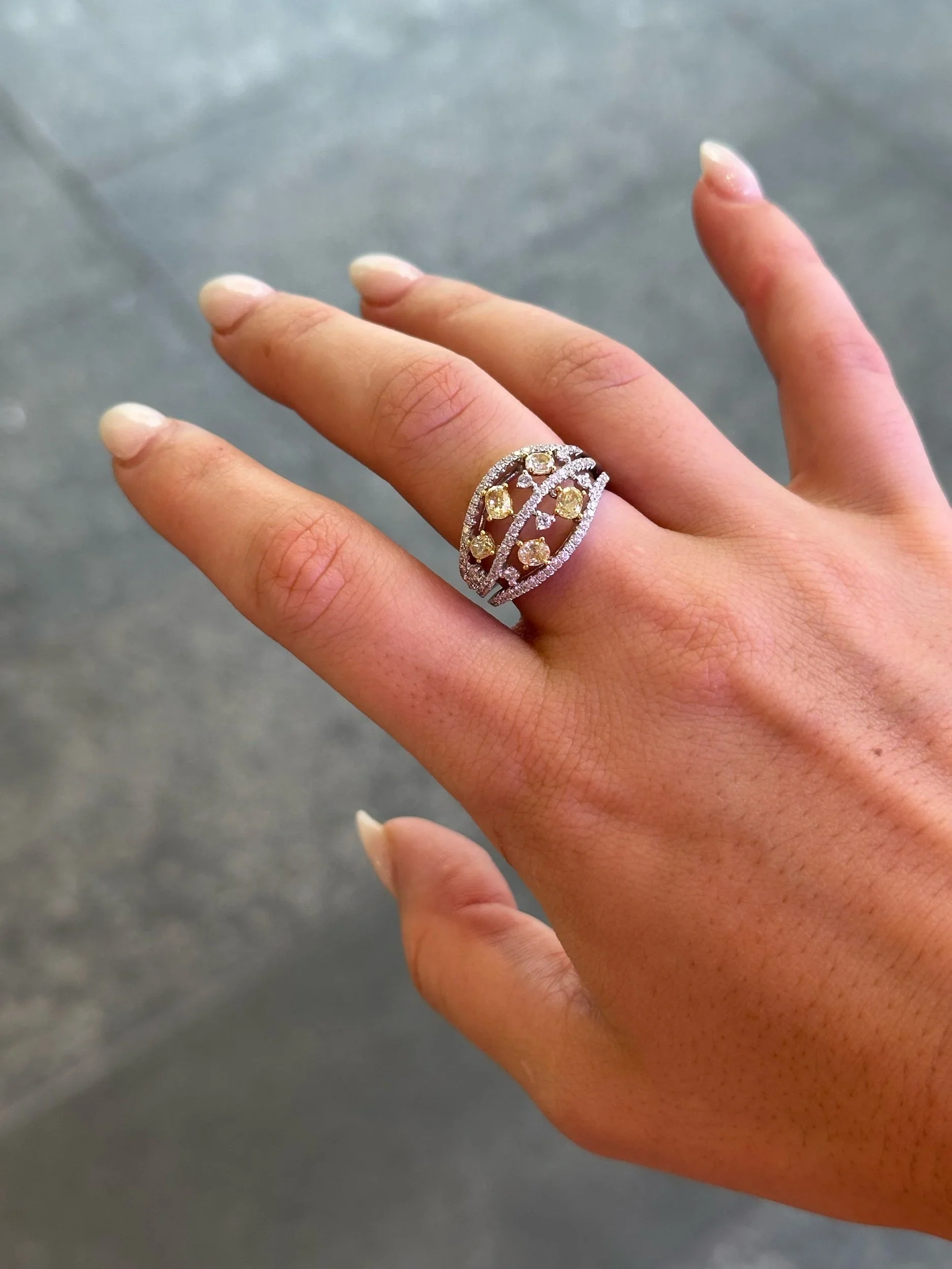 Ladies Open Yellow Oval Diamond Ring with 3 Rows of Round Diamond - Image 2