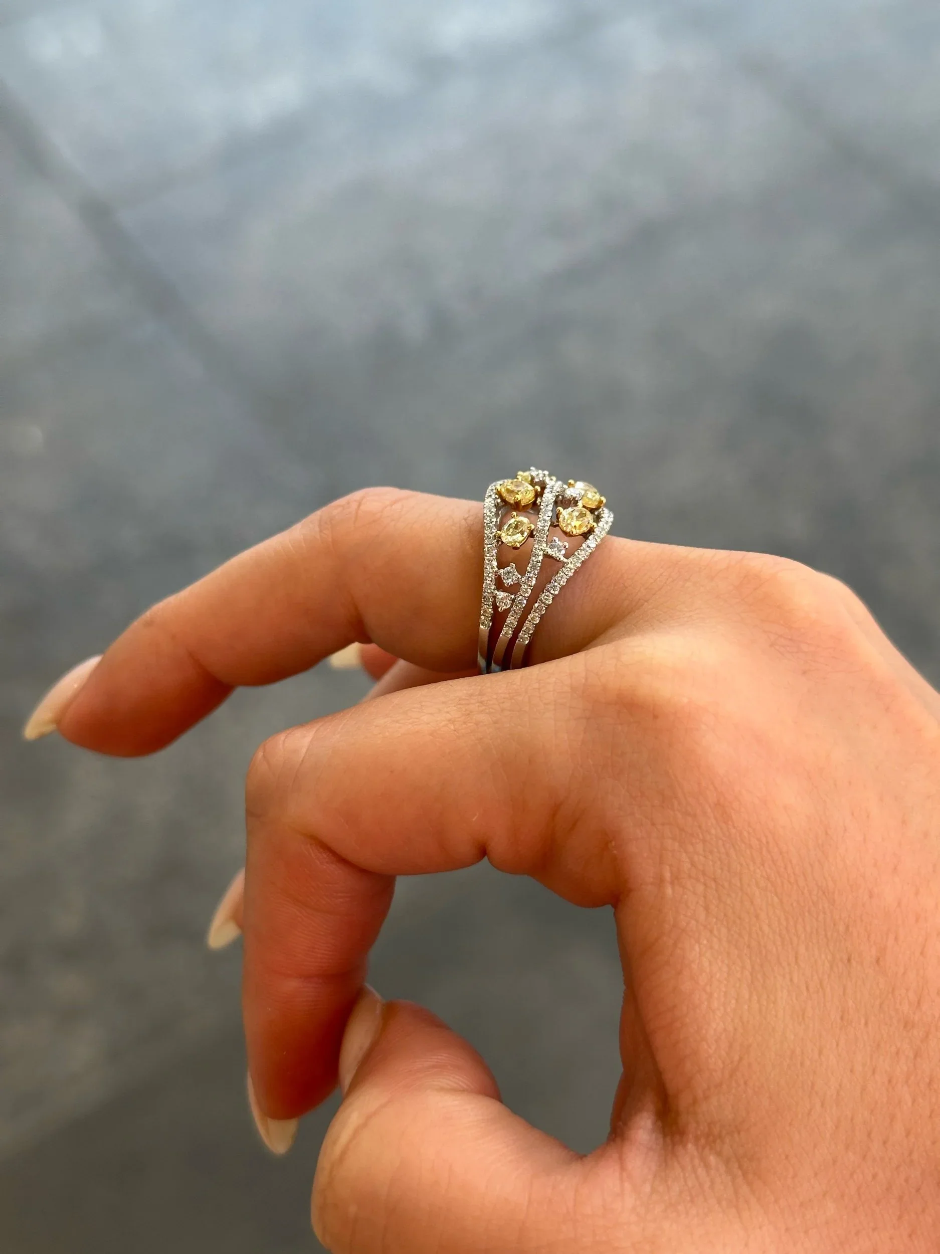 Ladies Open Yellow Oval Diamond Ring with 3 Rows of Round Diamond - Image 3