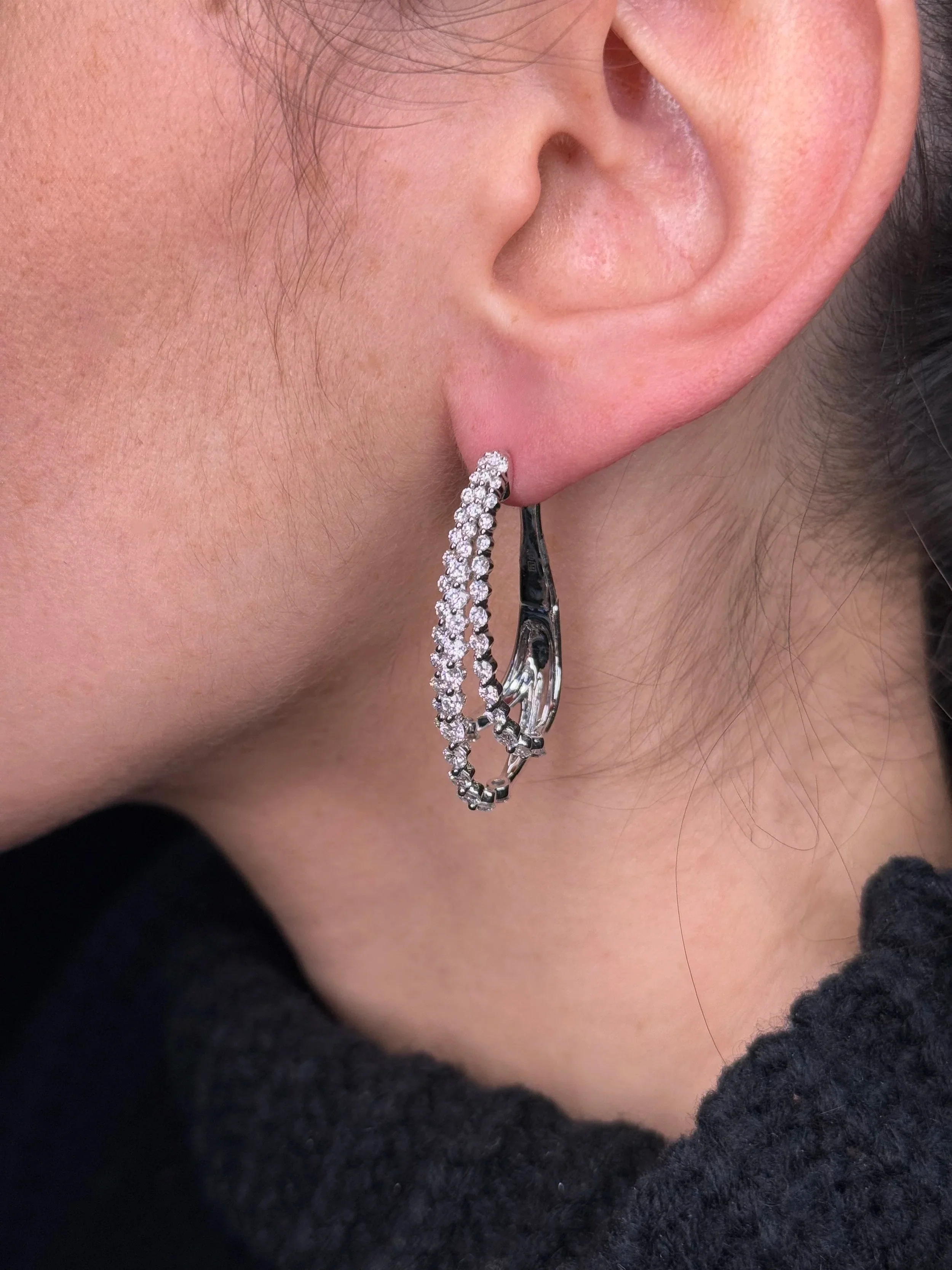 Ladies Oval Three Row Diamond Earrings - Image 3