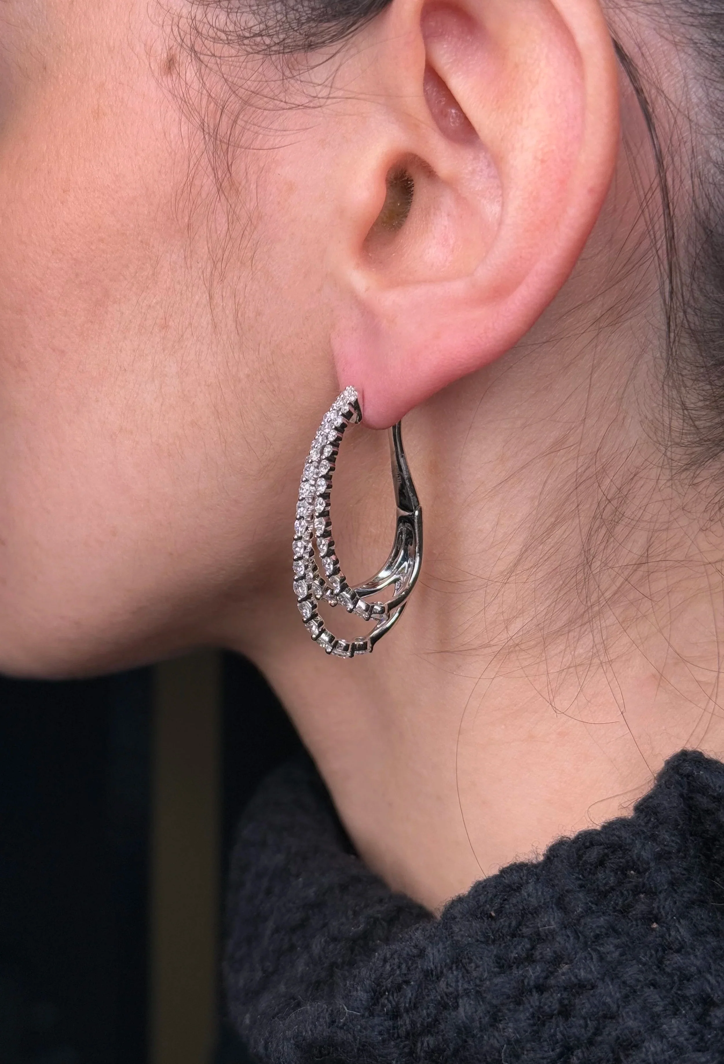 Ladies Oval Three Row Diamond Earrings - Image 4