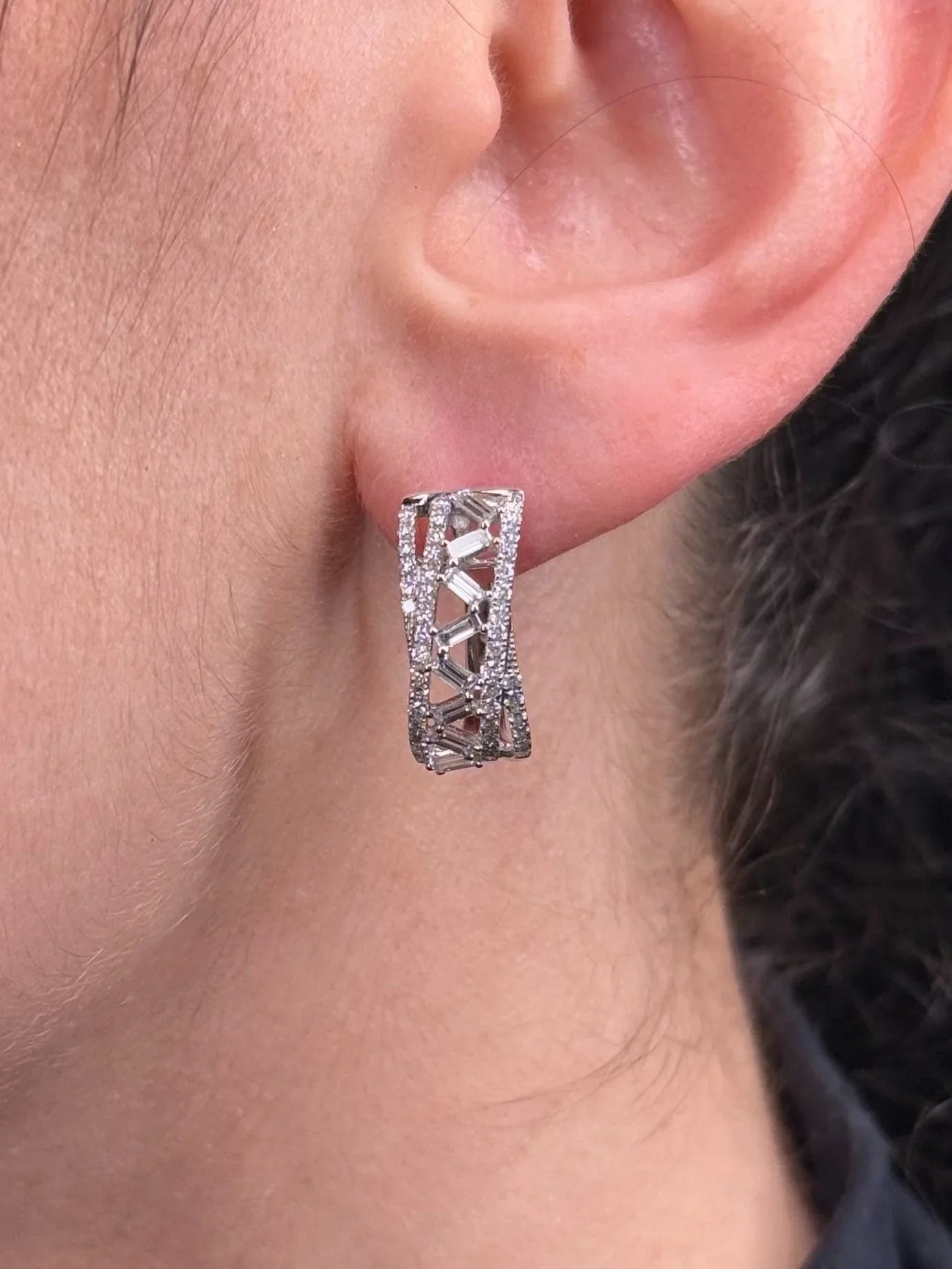 Ladies Overlapping Round and Baguette Diamond Huggie