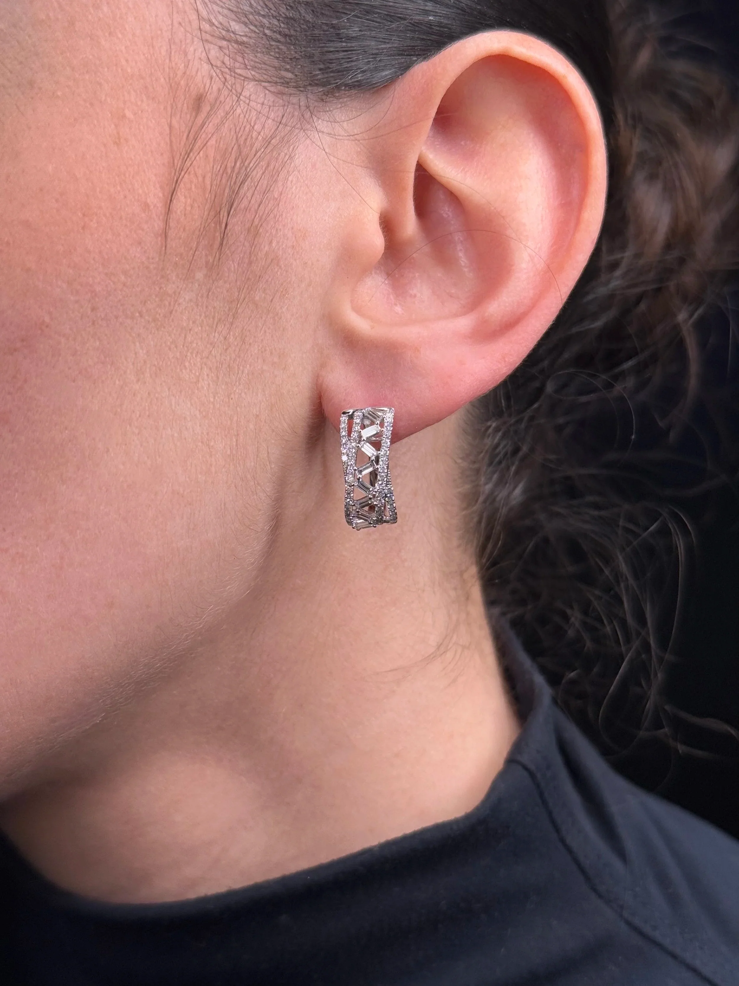 Ladies Overlapping Round and Baguette Diamond Huggie - Image 2