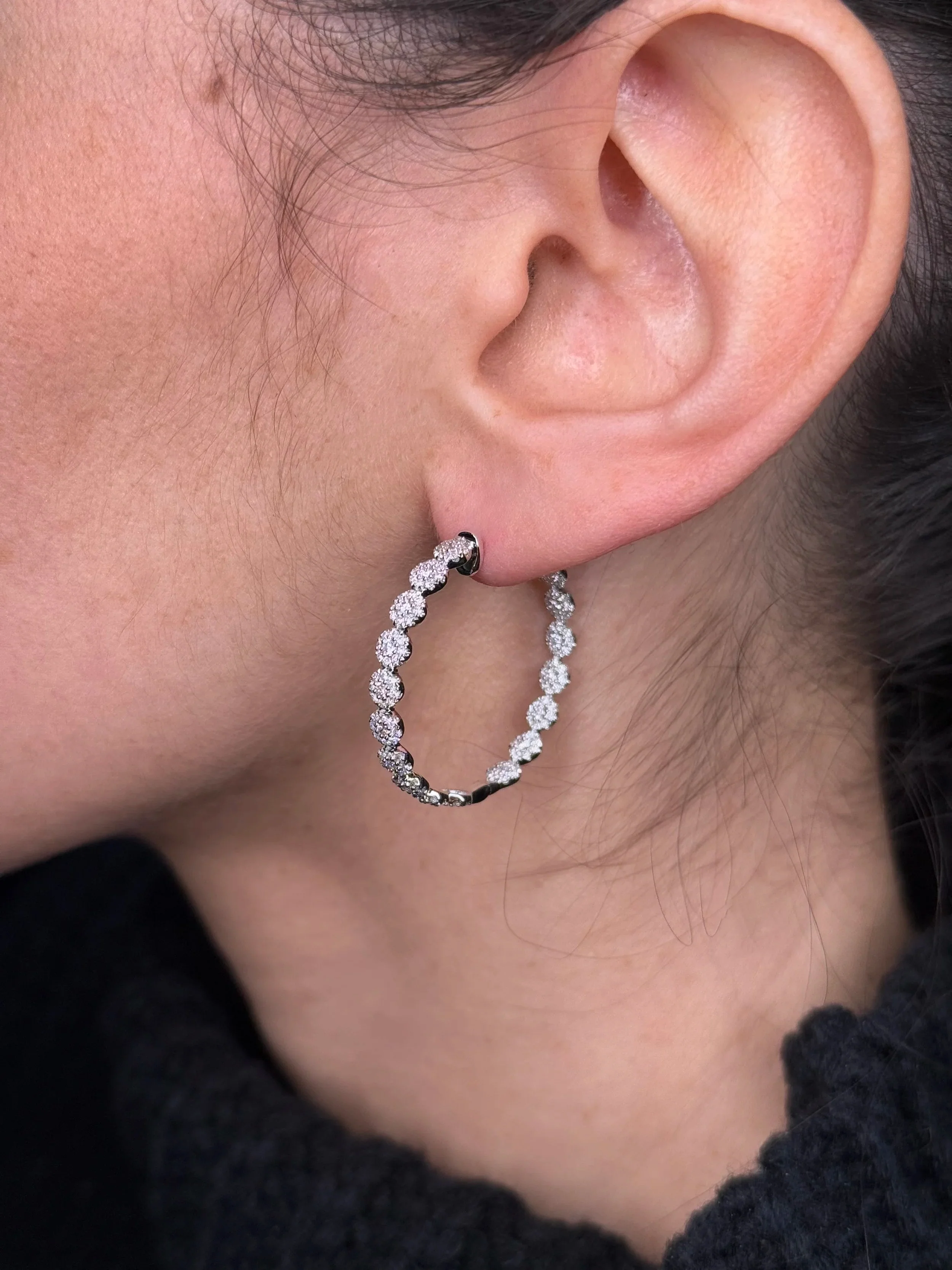 Ladies Pave Set Cluster Diamond Hoops - Image 3