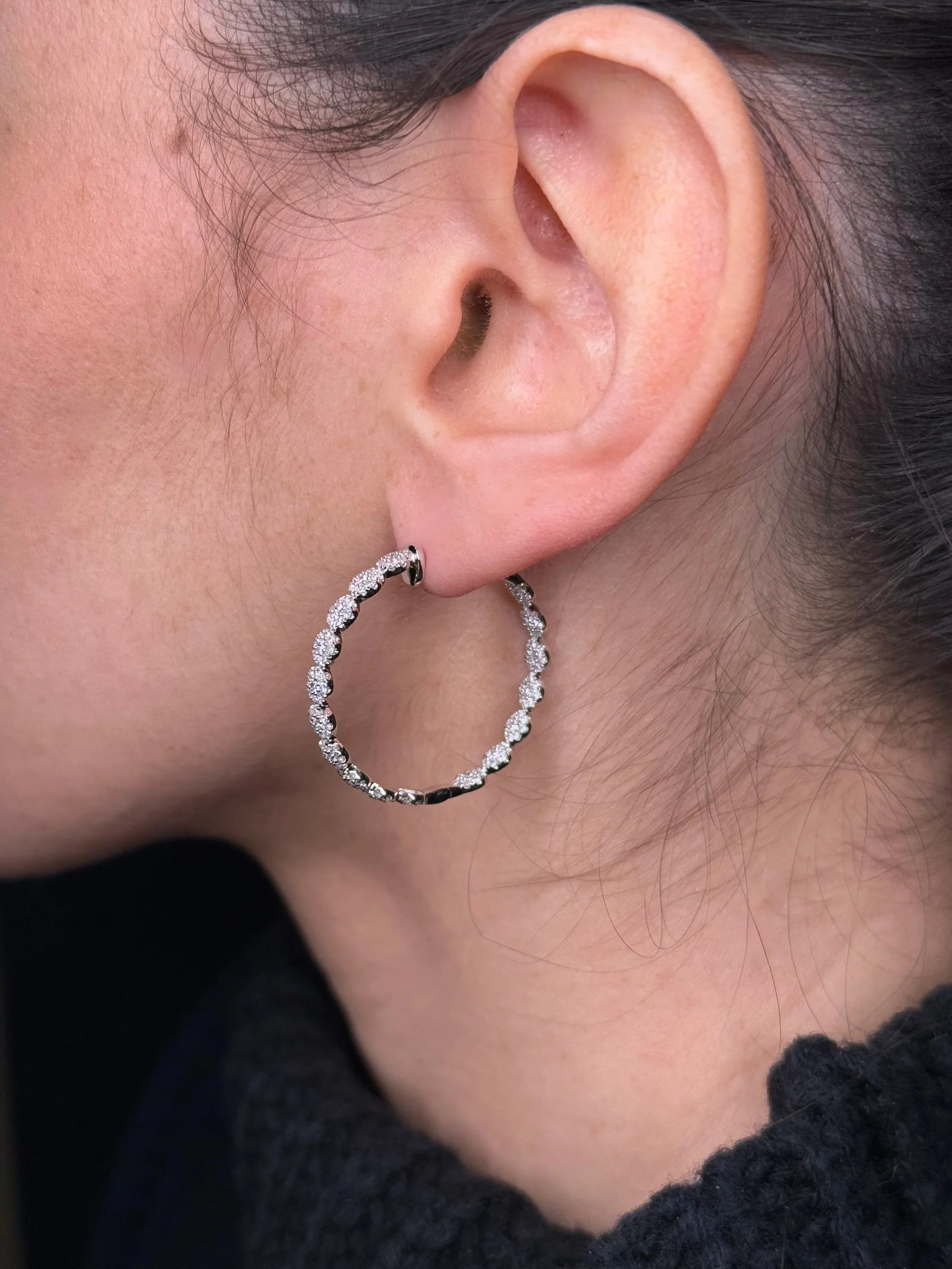 Ladies Pave Set Cluster Diamond Hoops - Image 4