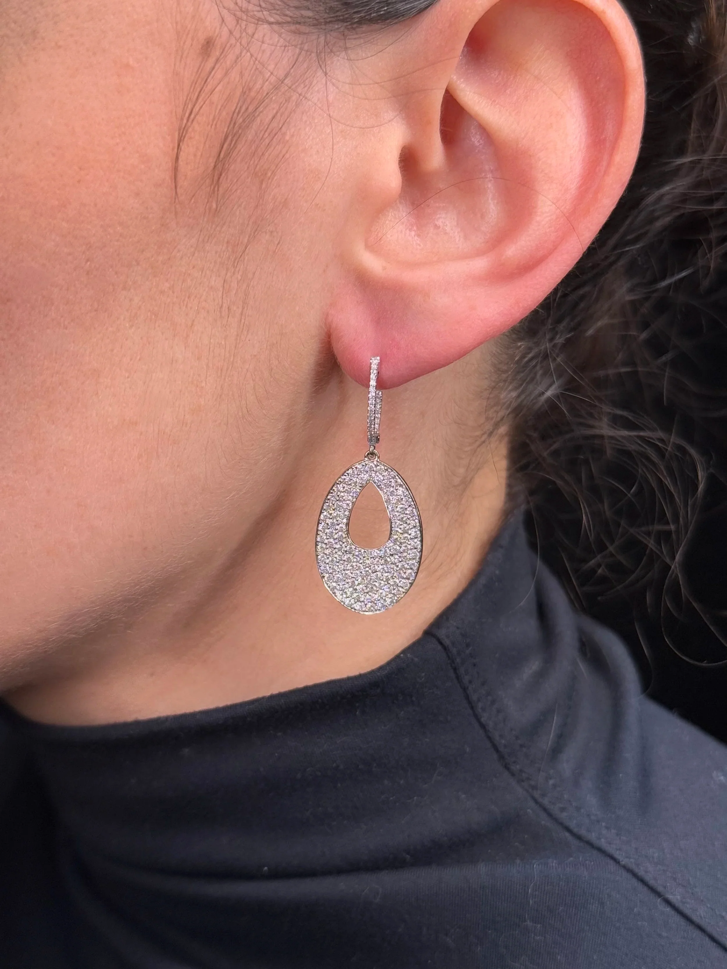 Ladies Pave Set Oval with a Pear Space Diamond Earrings - Image 2