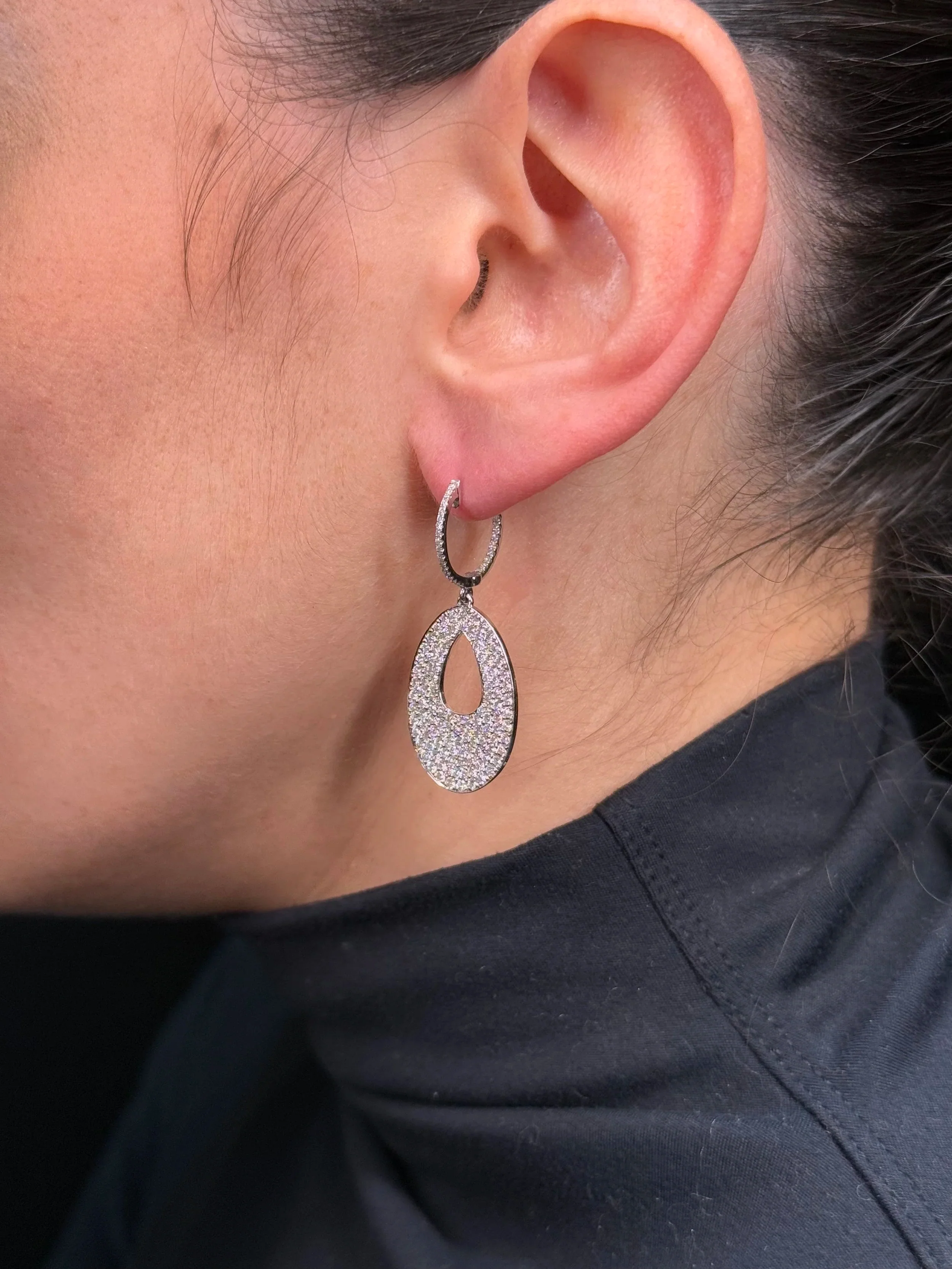 Ladies Pave Set Oval with a Pear Space Diamond Earrings - Image 3