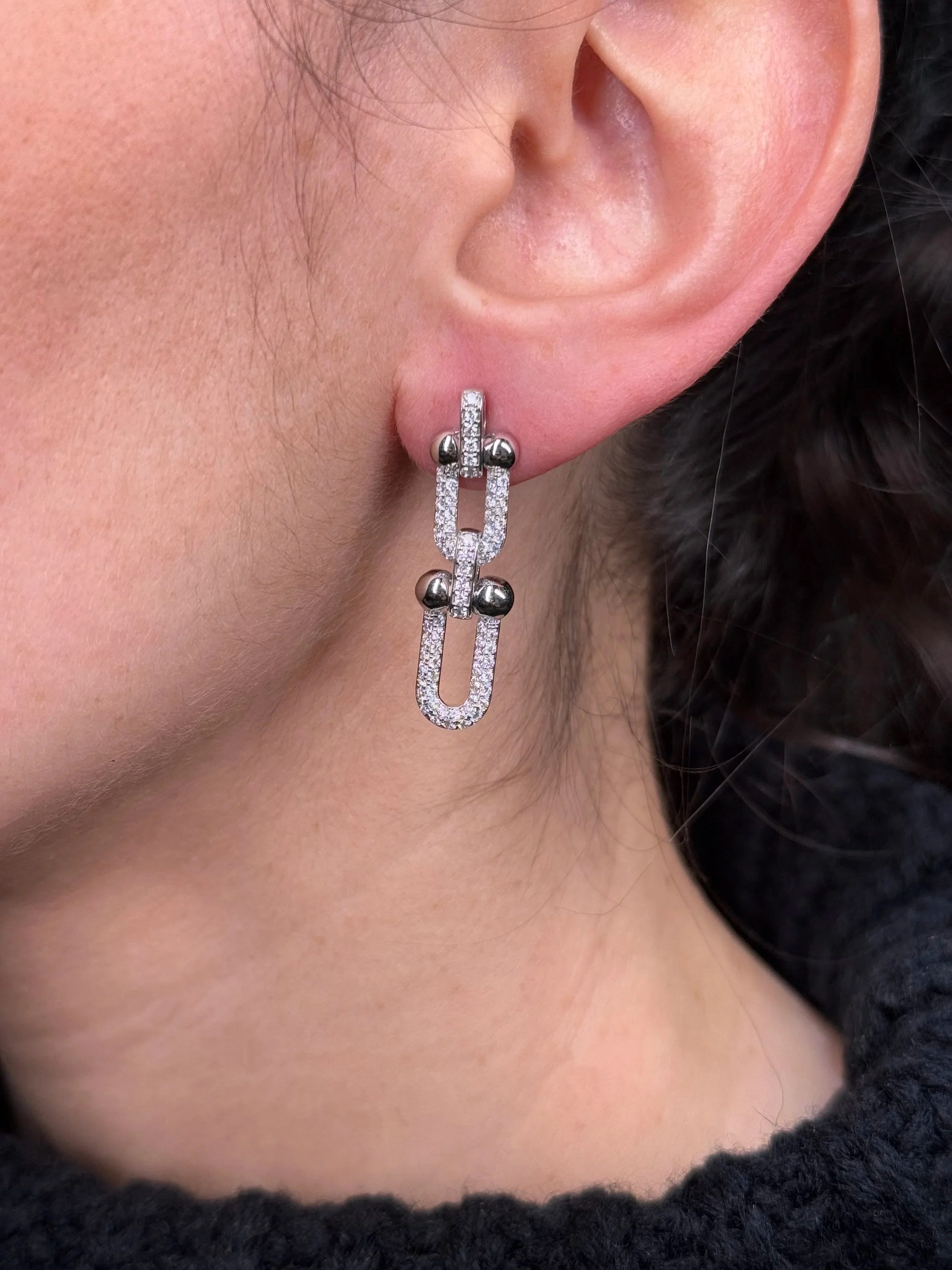 Ladies Pave Set Paperclip and Ball Earrings - Image 2