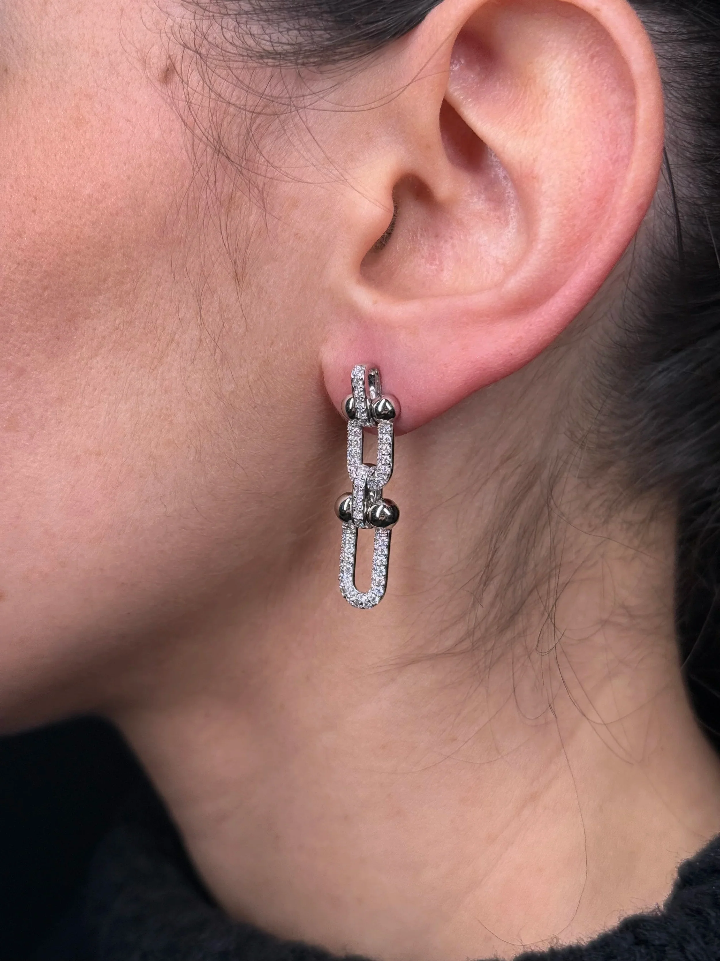 Ladies Pave Set Paperclip and Ball Earrings - Image 3