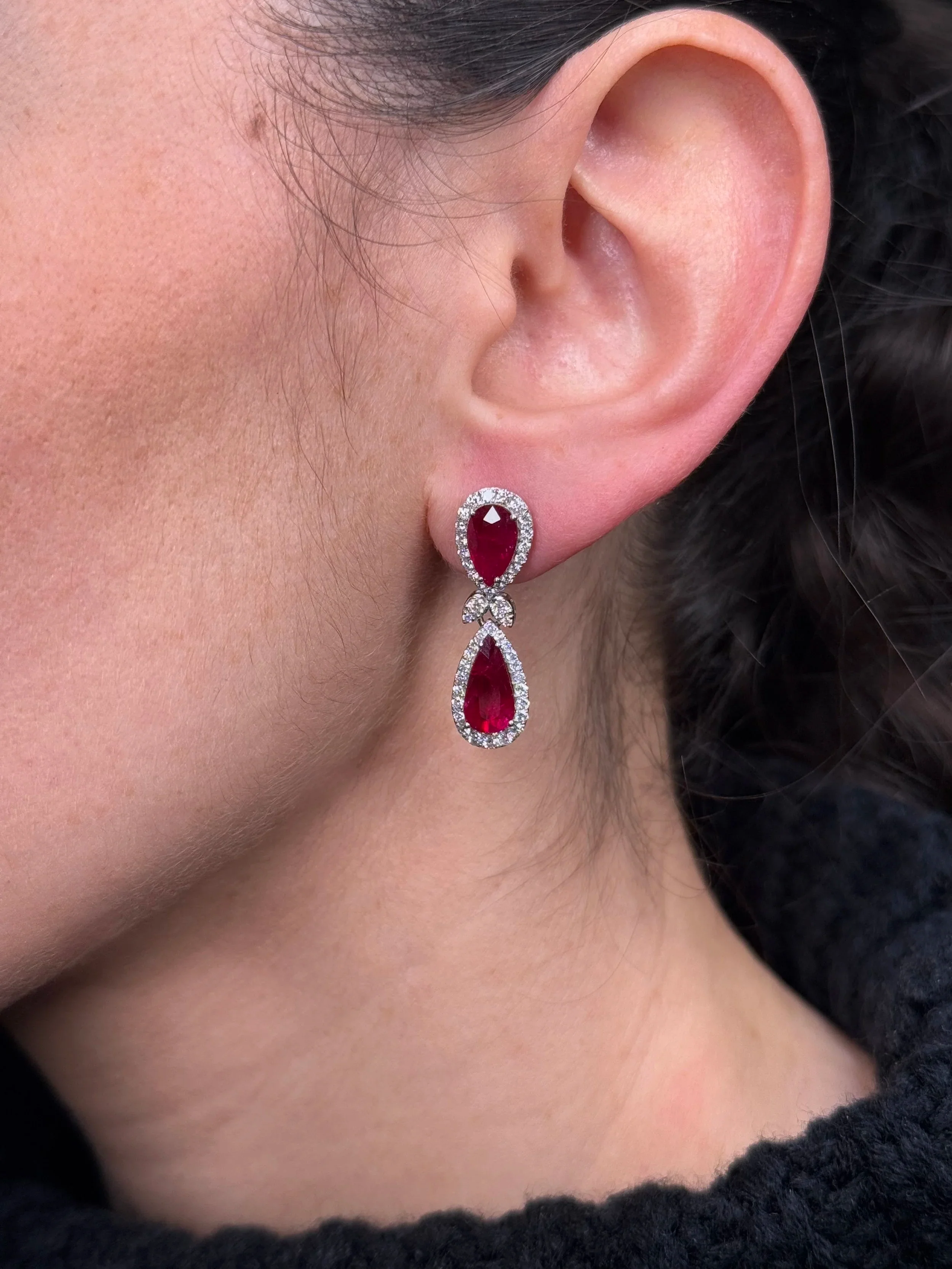 Ladies Pear Ruby and Diamond Earrings - Image 2