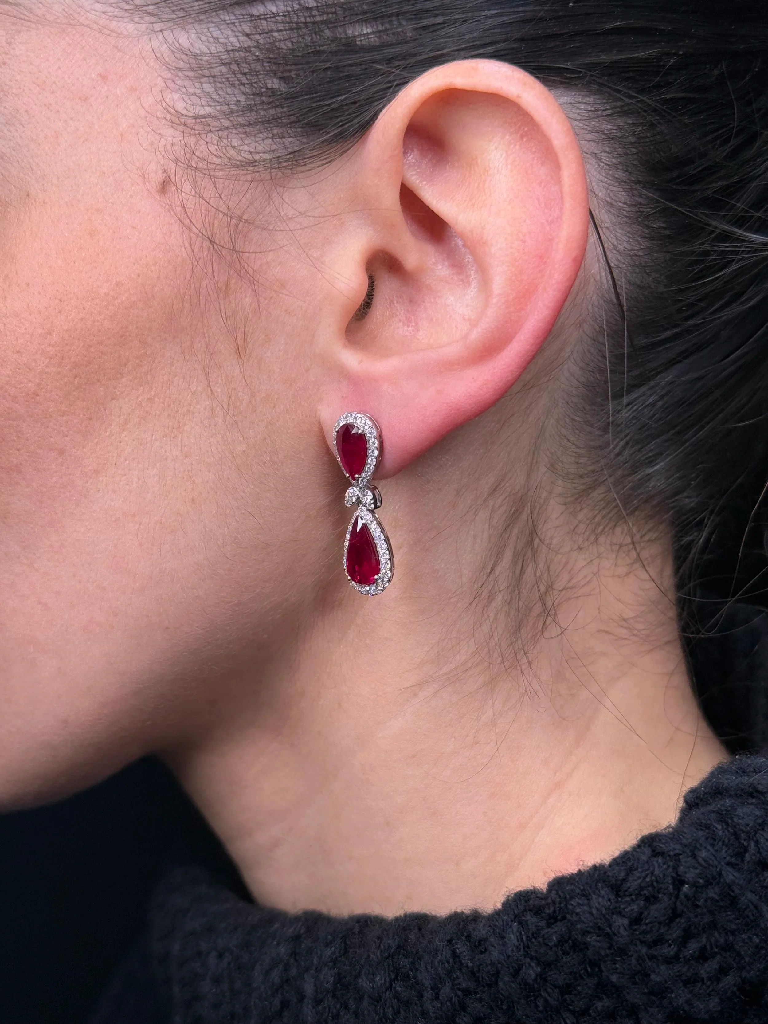 Ladies Pear Ruby and Diamond Earrings - Image 3