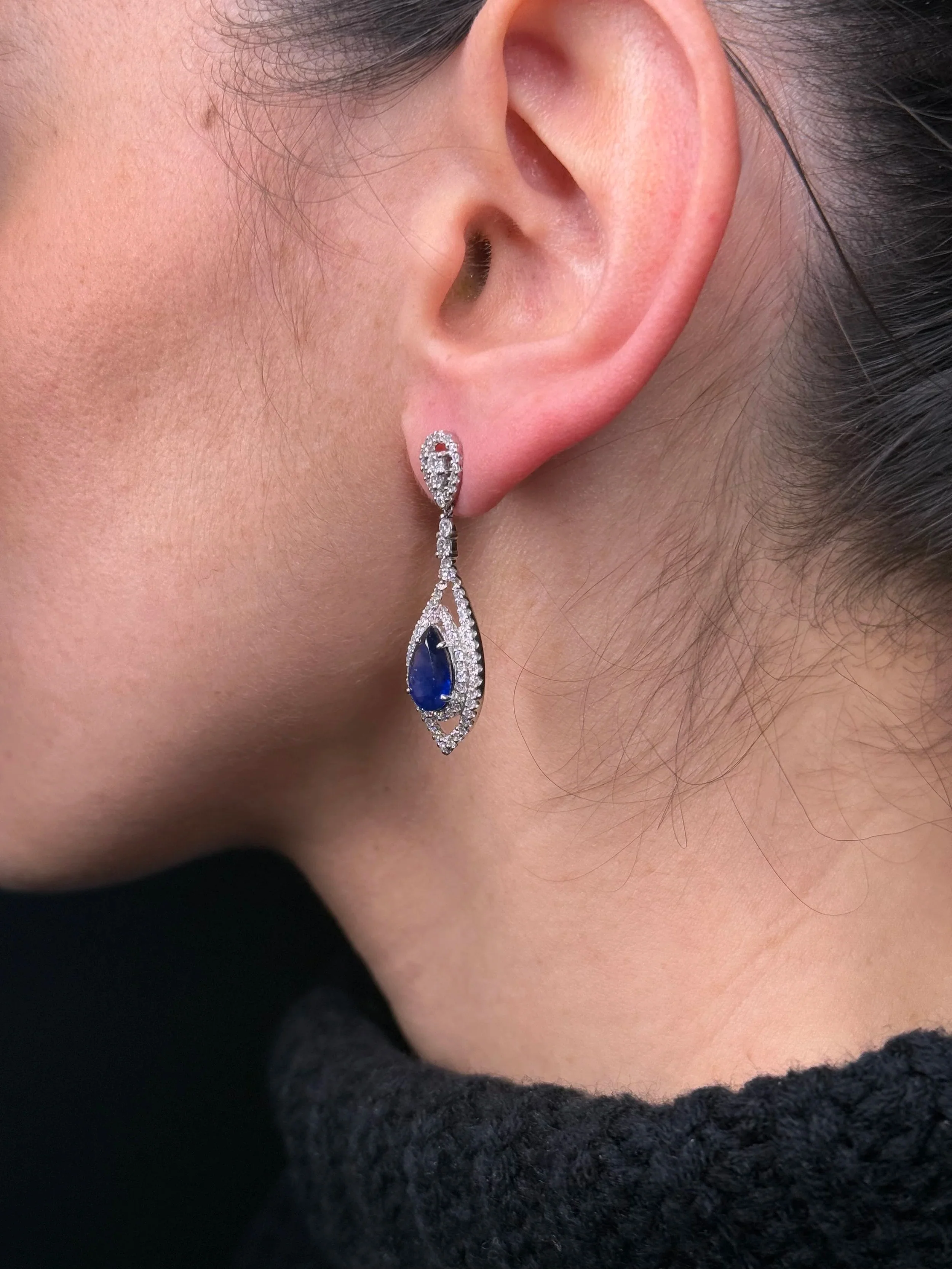Ladies Pear Sapphire and Diamond Earrings - Image 3