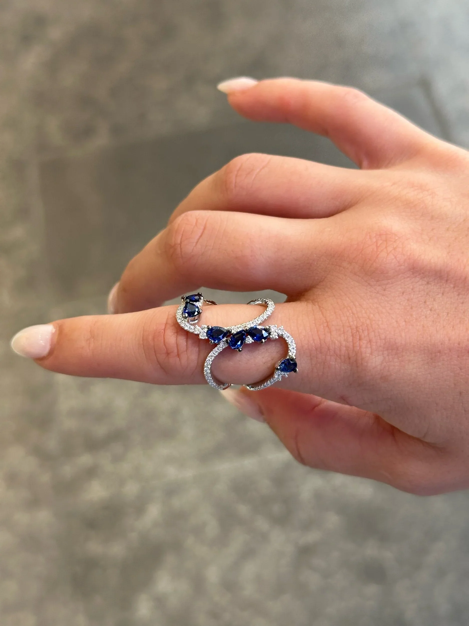 Ladies Pear Sapphire Stone and Round Diamond Open Ring - Image 2