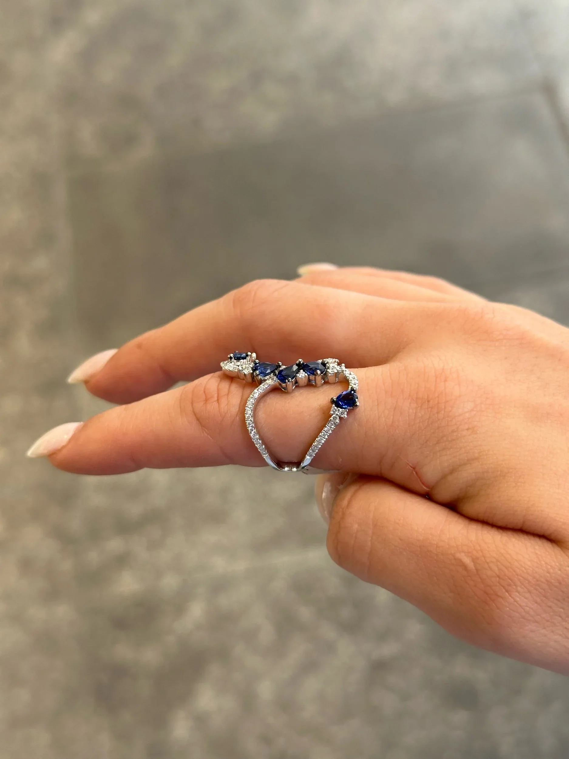 Ladies Pear Sapphire Stone and Round Diamond Open Ring - Image 3