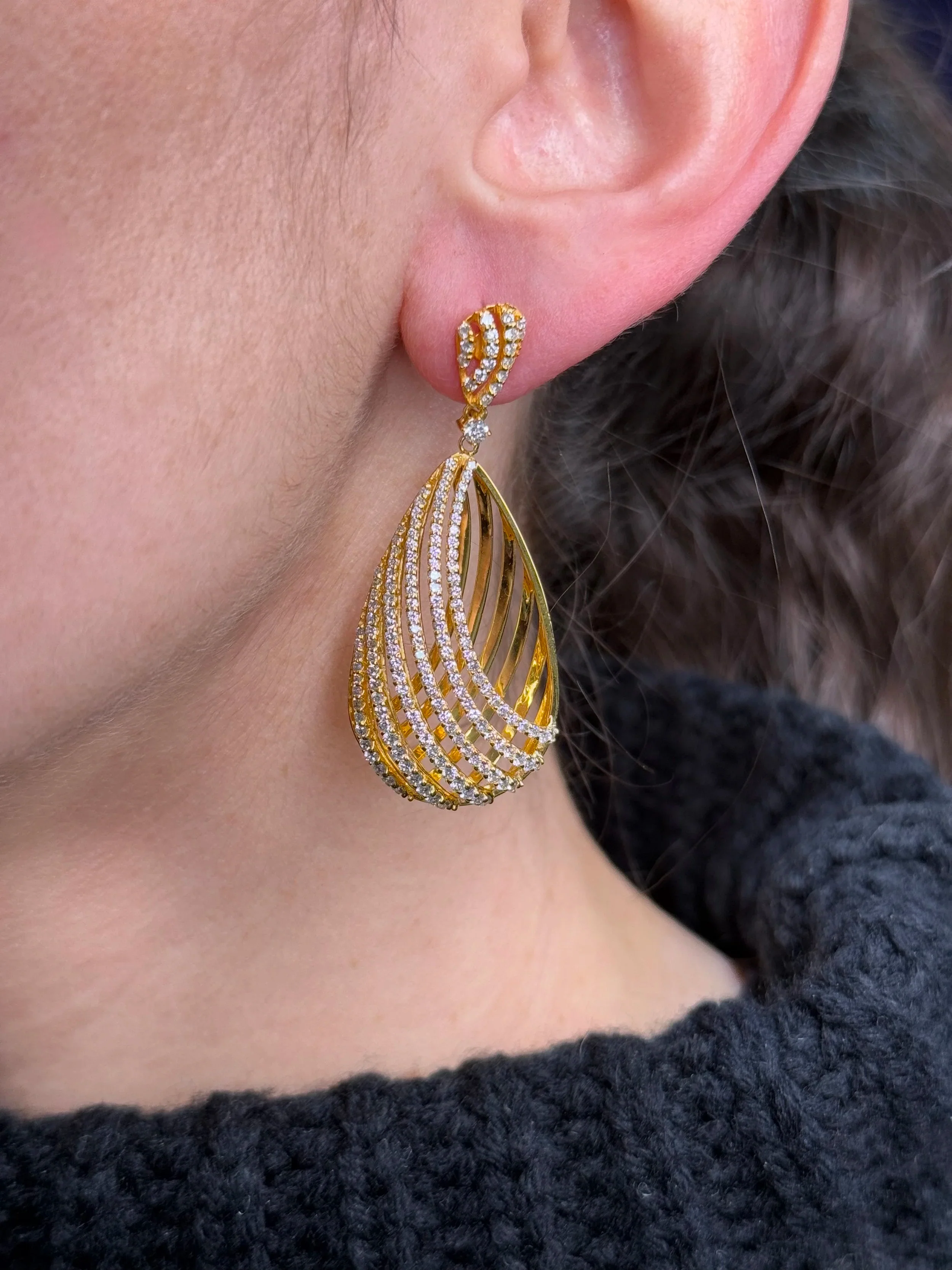 Ladies Pear Shaped Hallow and Diamond Fancy Earrings - Image 2