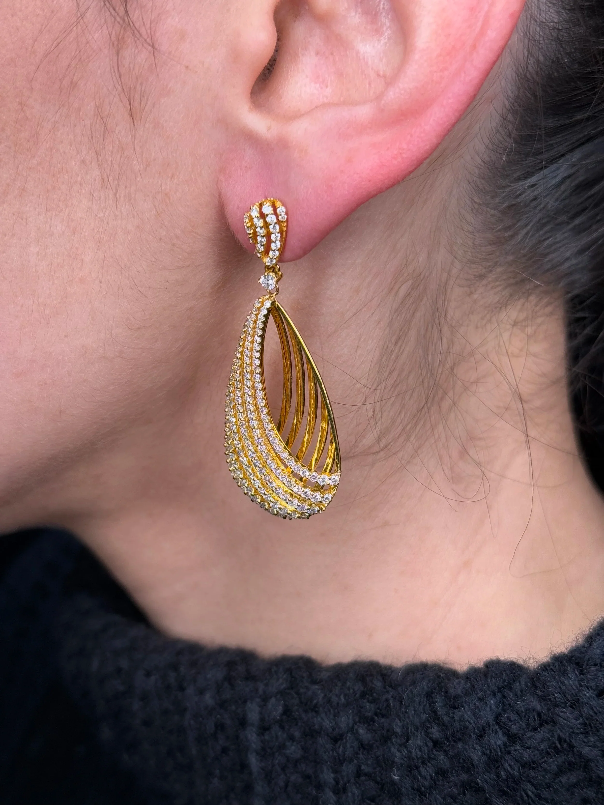 Ladies Pear Shaped Hallow and Diamond Fancy Earrings - Image 3
