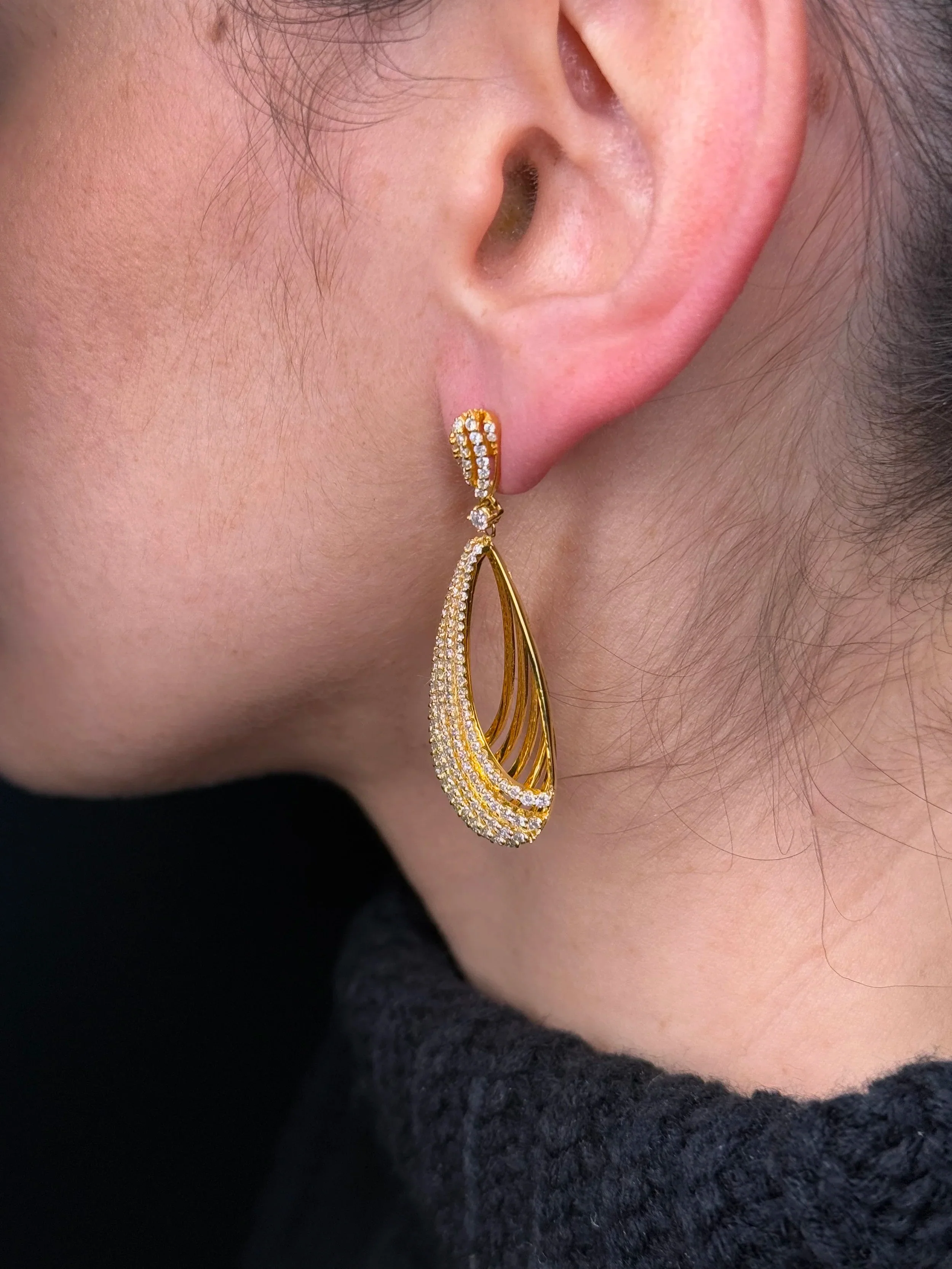 Ladies Pear Shaped Hallow and Diamond Fancy Earrings - Image 4