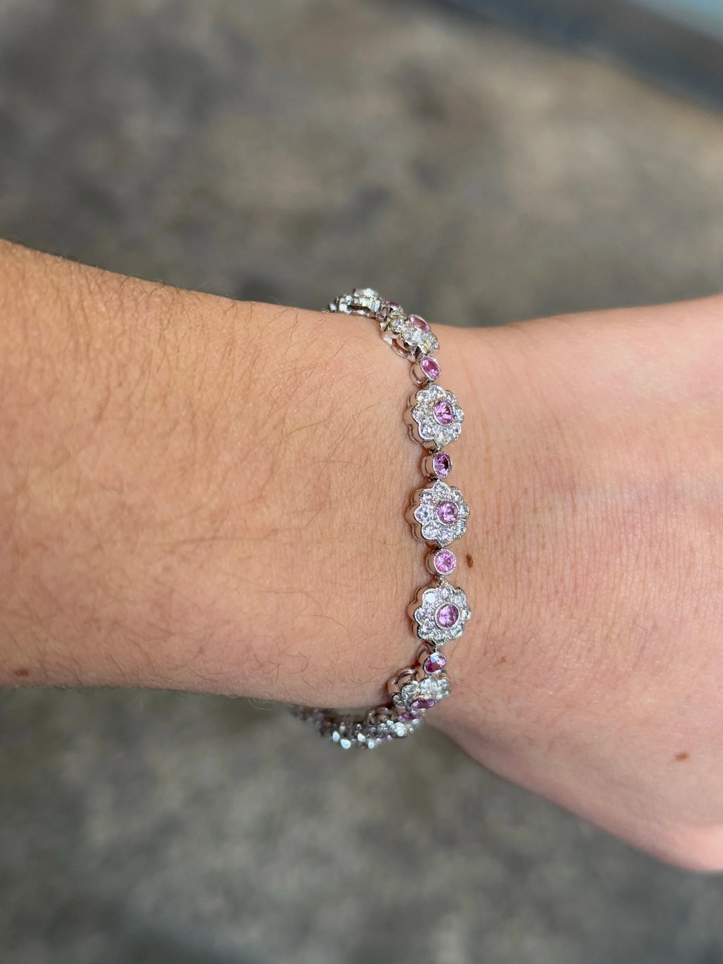 Ladies Pink Sapphire and Diamond Flower Bracelet - Image 3