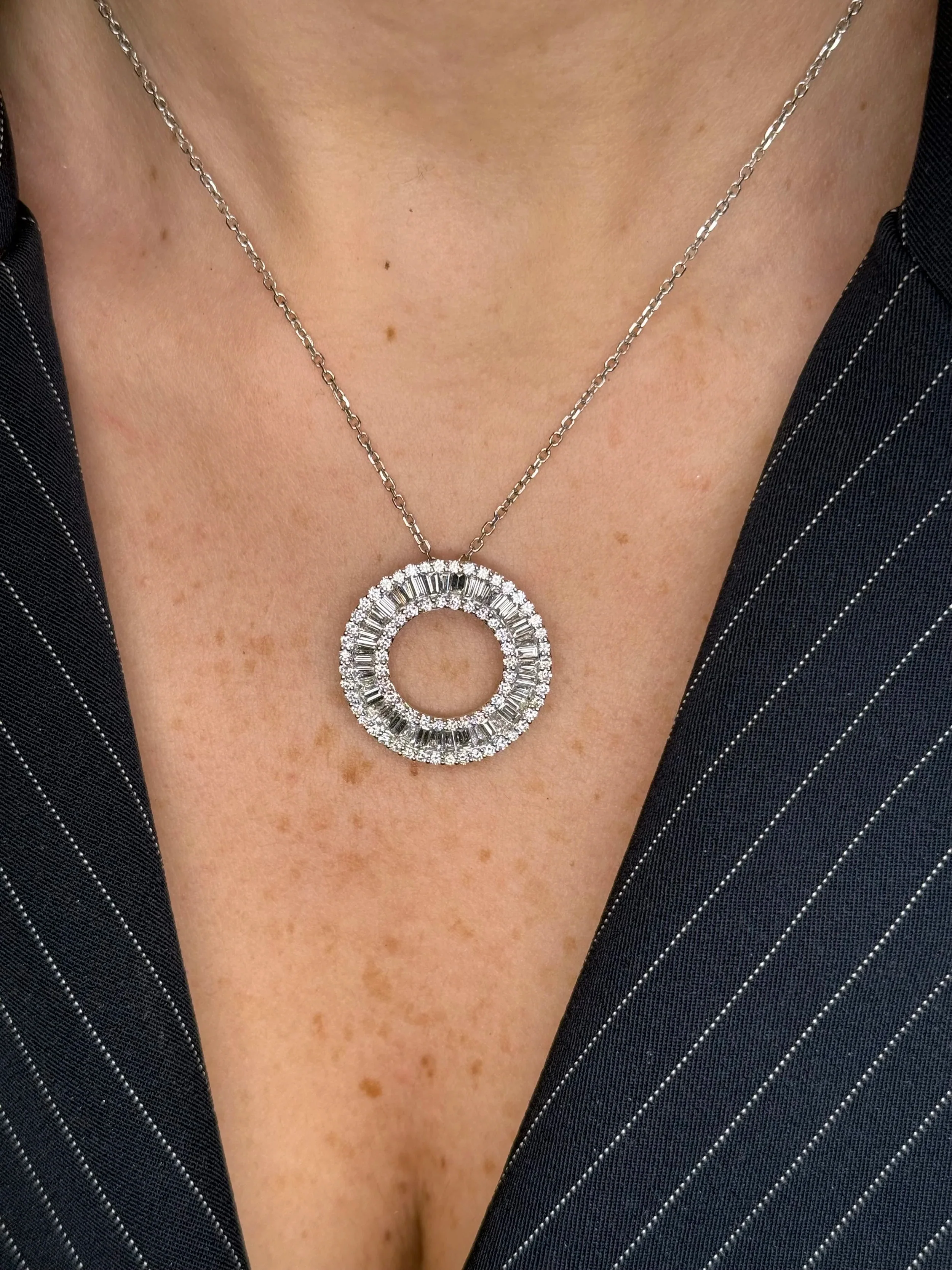 Ladies Round and Baguette Diamond Hallow Circle Pendant - Image 2
