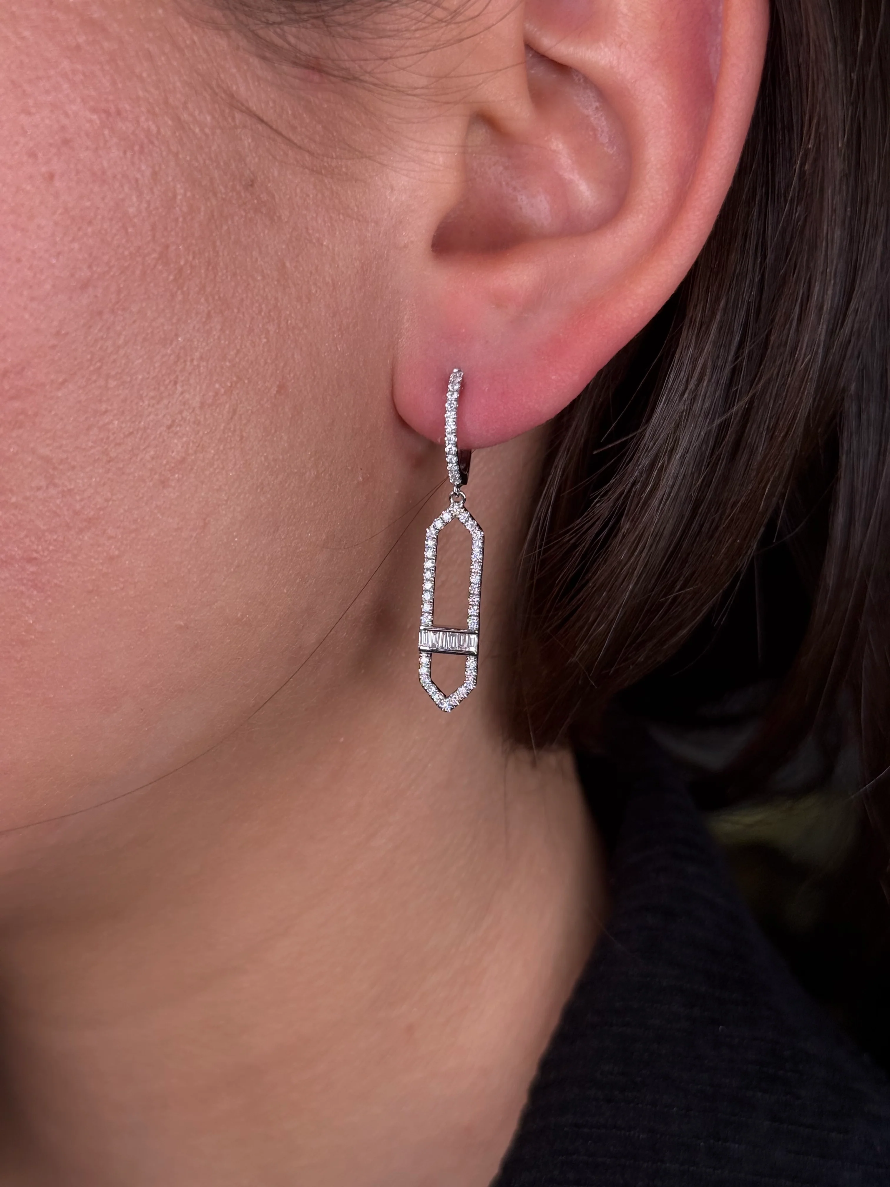 Ladies Round Diamond and Baguette Pointed Dangling Earring - Image 2