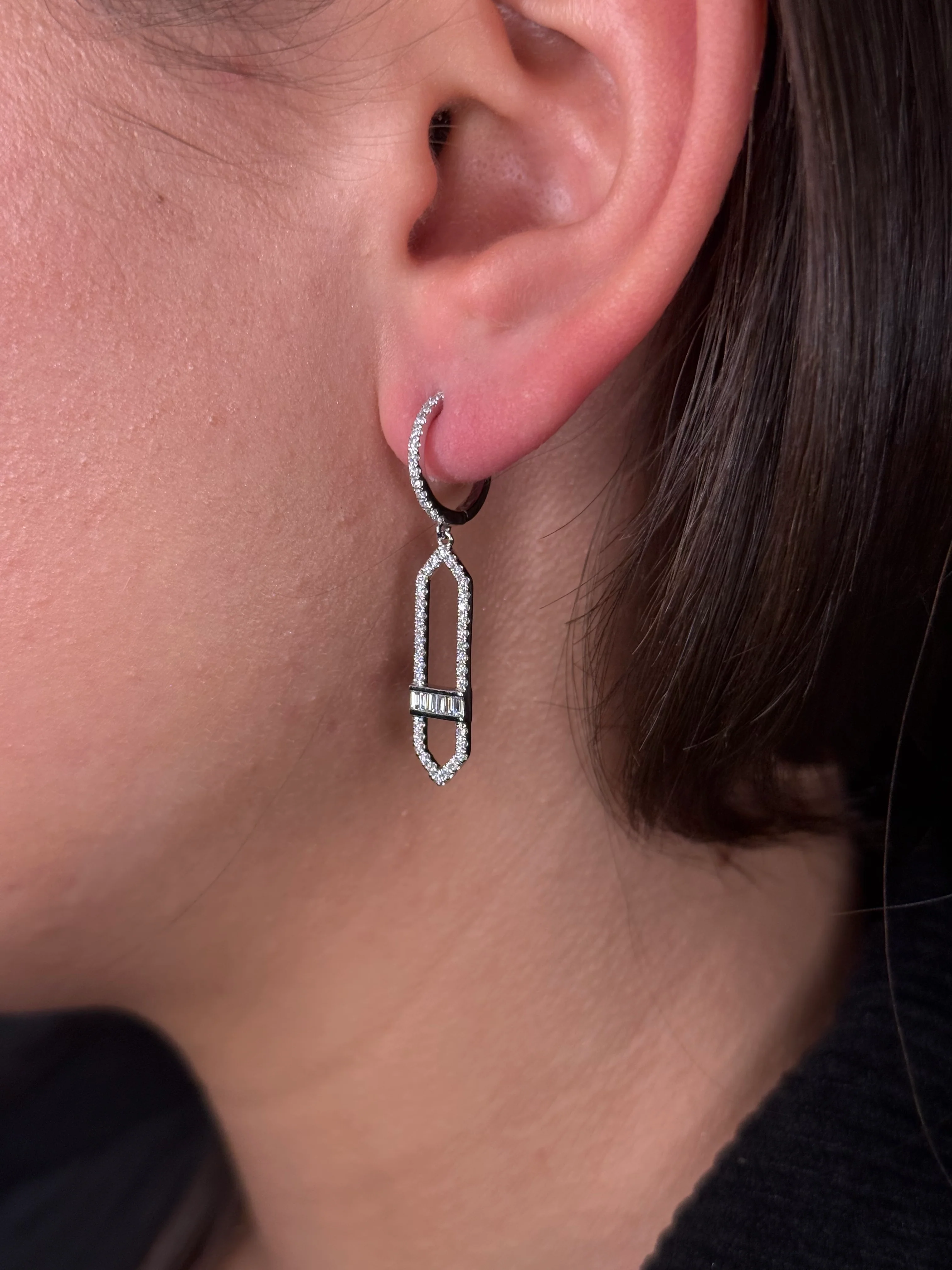 Ladies Round Diamond and Baguette Pointed Dangling Earring - Image 3