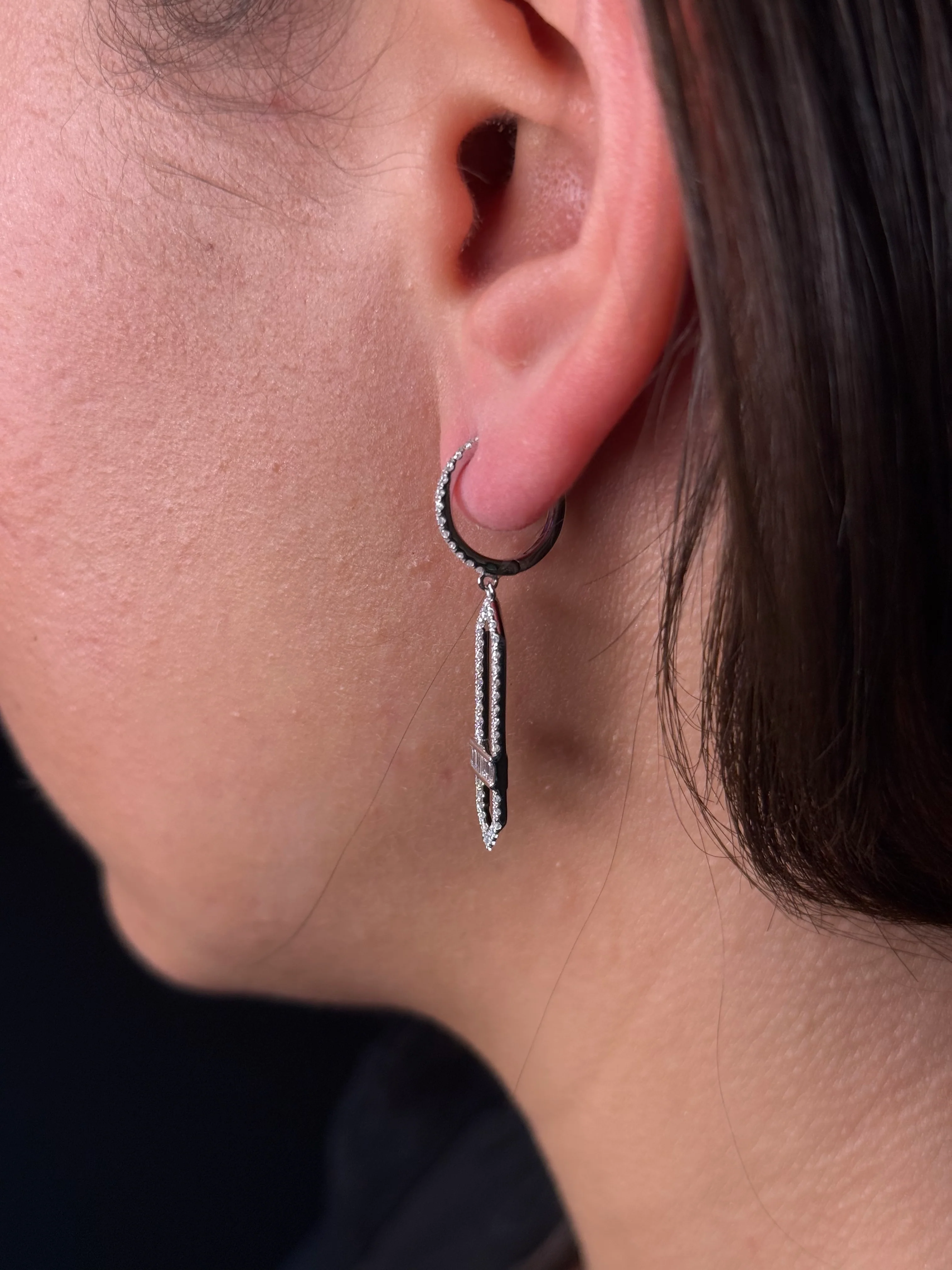 Ladies Round Diamond and Baguette Pointed Dangling Earring - Image 4