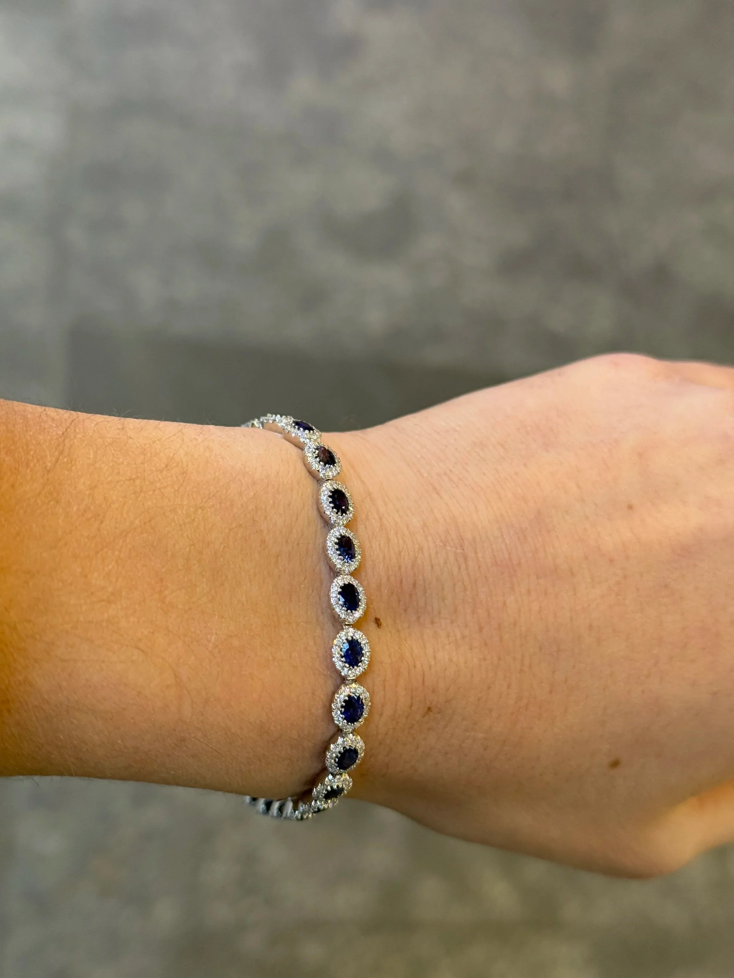 Ladies Round Diamond and Sapphire Halo Bracelet - Image 3