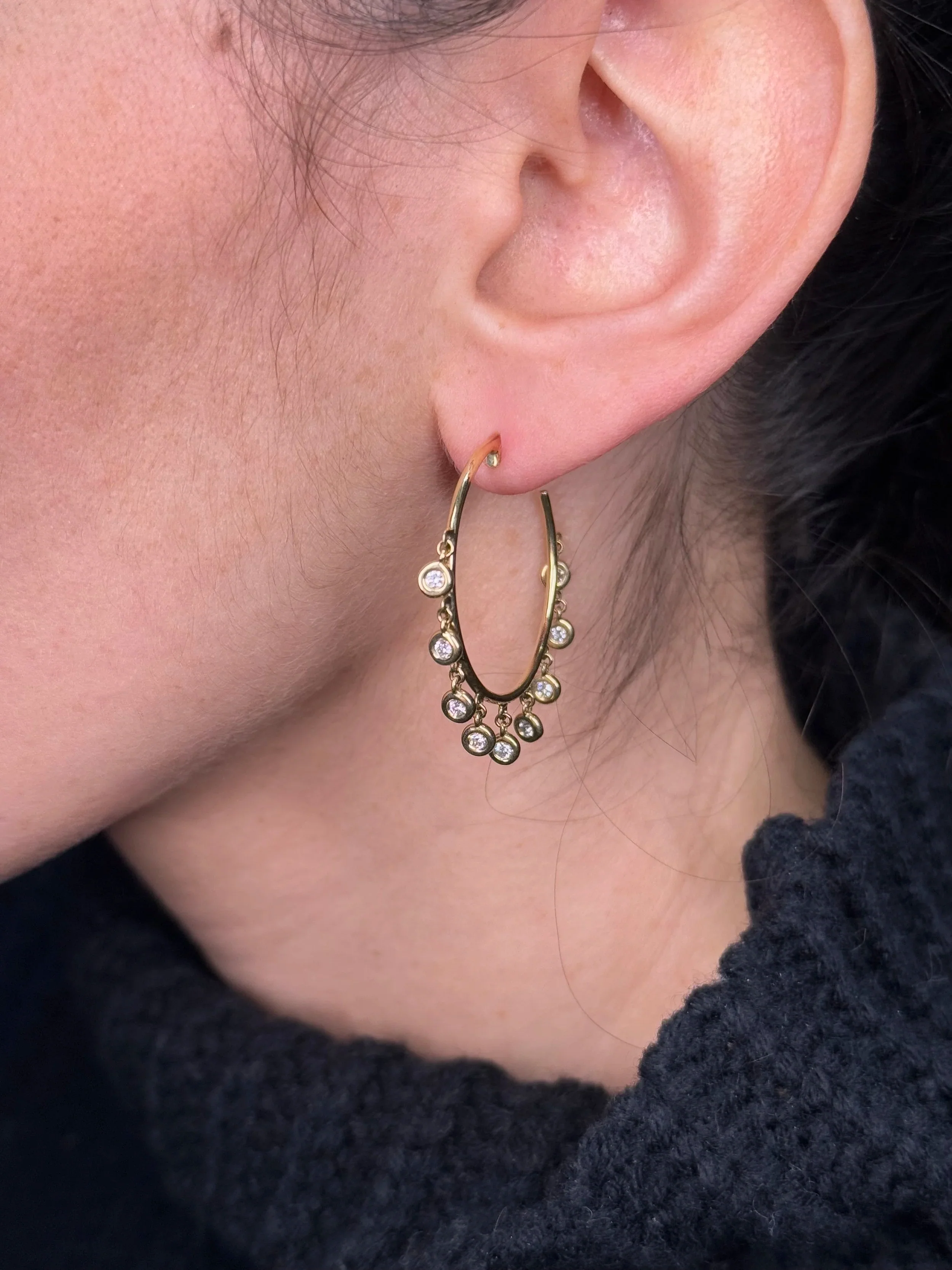 Ladies Round Diamond Bezel Set Dangling Hoops - Image 3