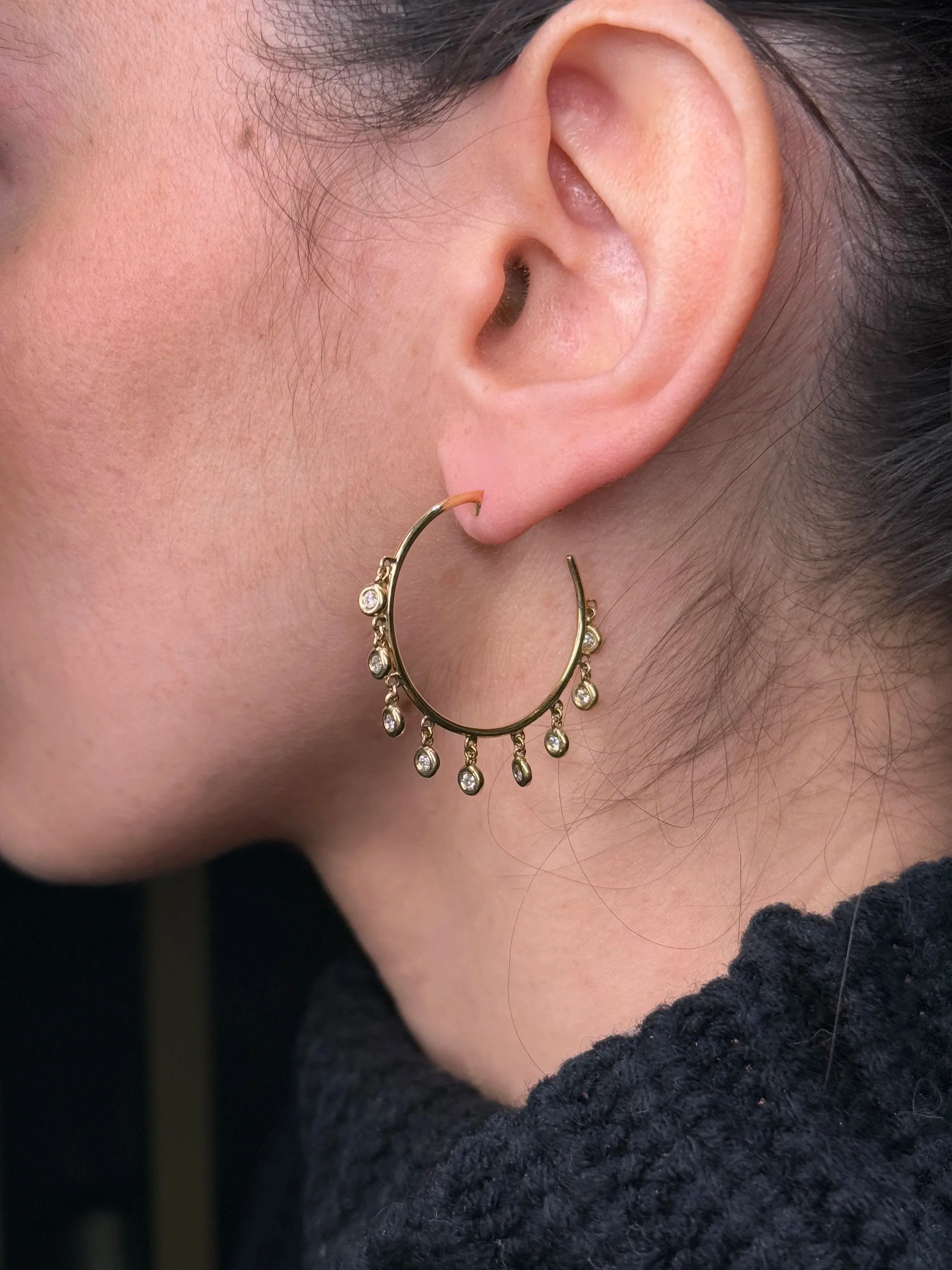 Ladies Round Diamond Bezel Set Dangling Hoops - Image 4