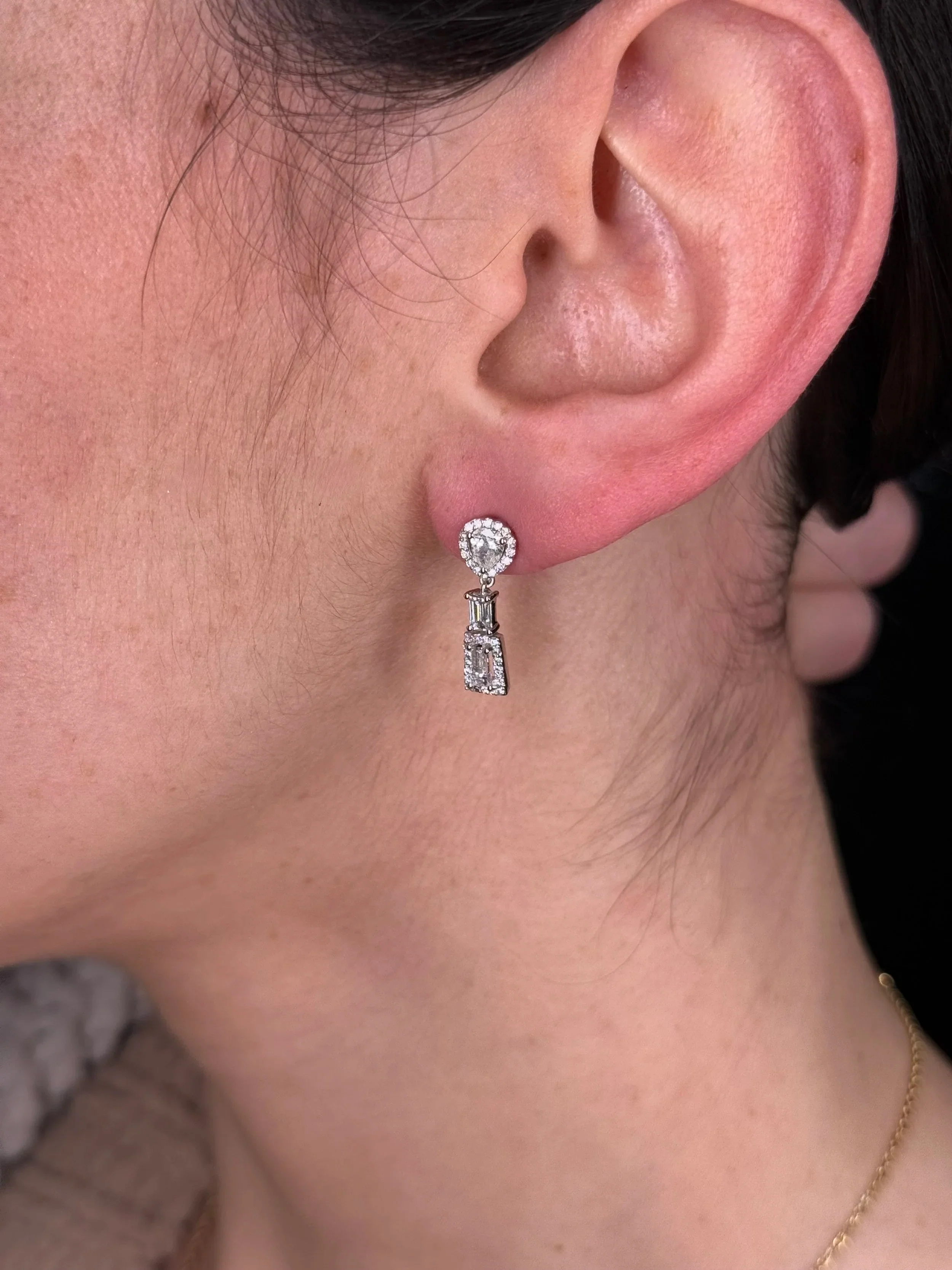 Ladies Round, Pear, and Baguette Diamond Dangle Earrings - Image 2