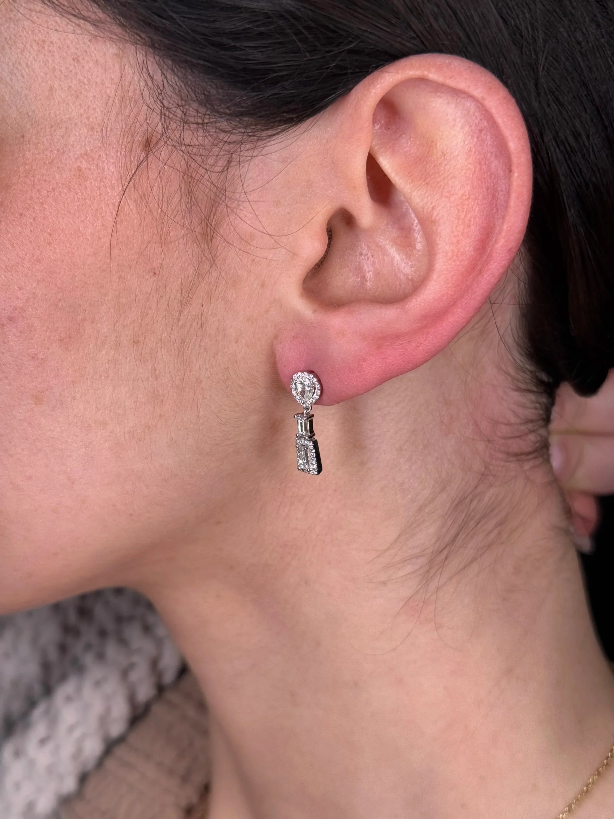 Ladies Round, Pear, and Baguette Diamond Dangle Earrings - Image 3